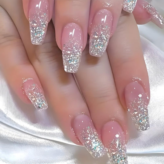 Ombre Pink Press on Nails Medium Coffin Fake Nails Nude False Nails with Design Bling Glitter Sequins Glue on Nails Full Cover Acrylic Stick on Nails Glossy Artificial Nails for Women Manicure 24Pcs