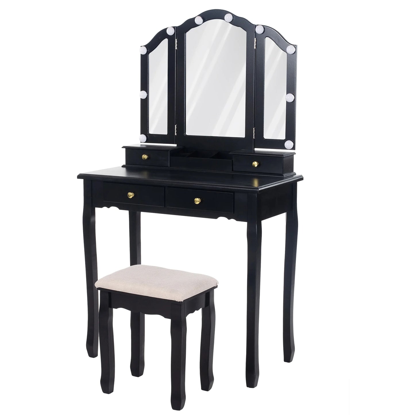 Vanity, Tri-Fold Makeup Vanity with Mirror, Lights and Padded Vanity Stool, Vintage Solid Wooden Vanity Set for Bedroom, 5 Drawers, 2 Brush Slots and 2 Open Compartments, Black Finish