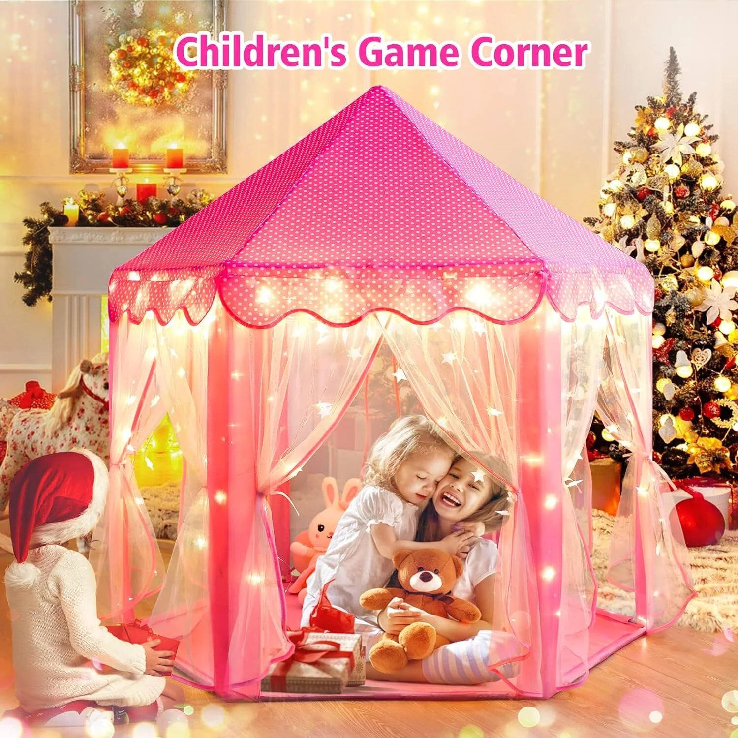 Princess Tent Girls Large Playhouse Kids Castle Play Tent with LED Star Lights for Children Indoor and Outdoor Games, 55'' X 53'' (Dxh)