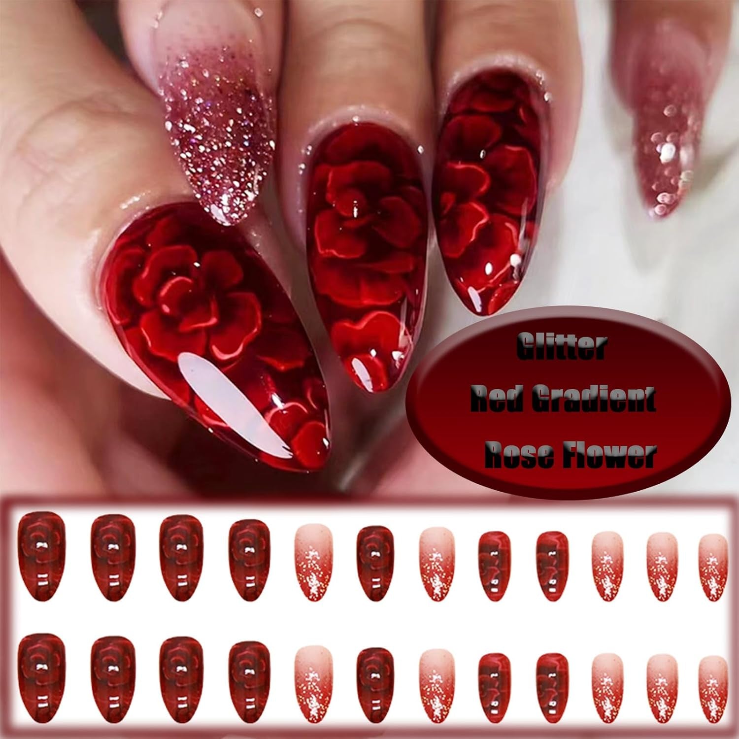 24Pcs Red Gradient Short Almond Press on Nails with Rose Flower Design, Glossy Gold Glitter False Nails Gel Glue on Nails, Shine Ombre Manicure Art Acrylic Fake Nails Stick on Nails for Women Girls