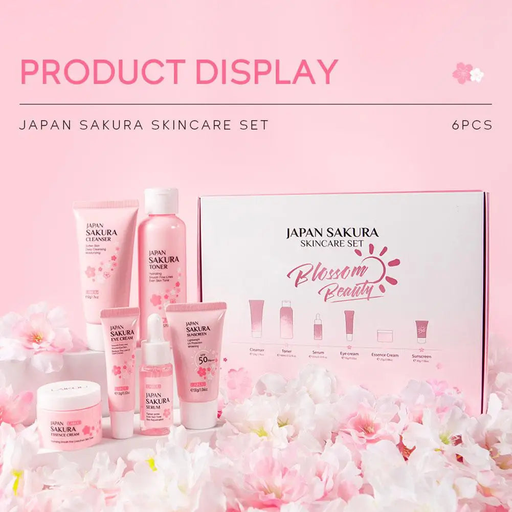 6Pcs/Set Sakura Skin Care Sets Face Cream Serum Toner Facial Cleanser Sunscreen Eye Cream Face Skin Care Set Product Gift Box