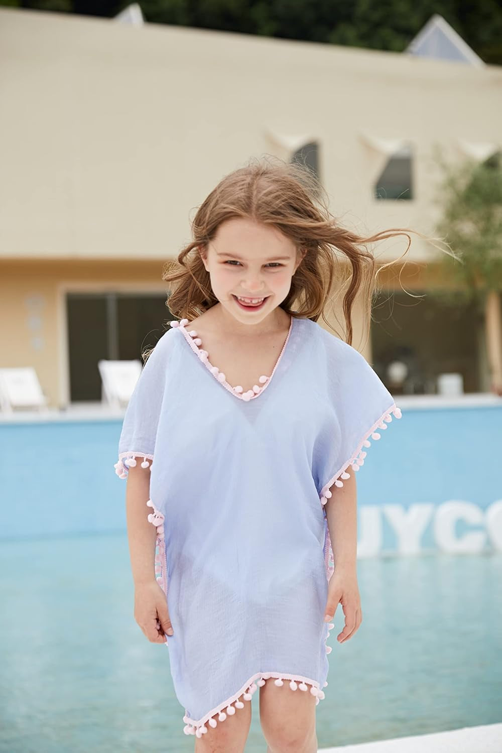 Girls Swim Cover up Beach Swimwear Coverup Swimsuit Wraps with Pom Pom Trim