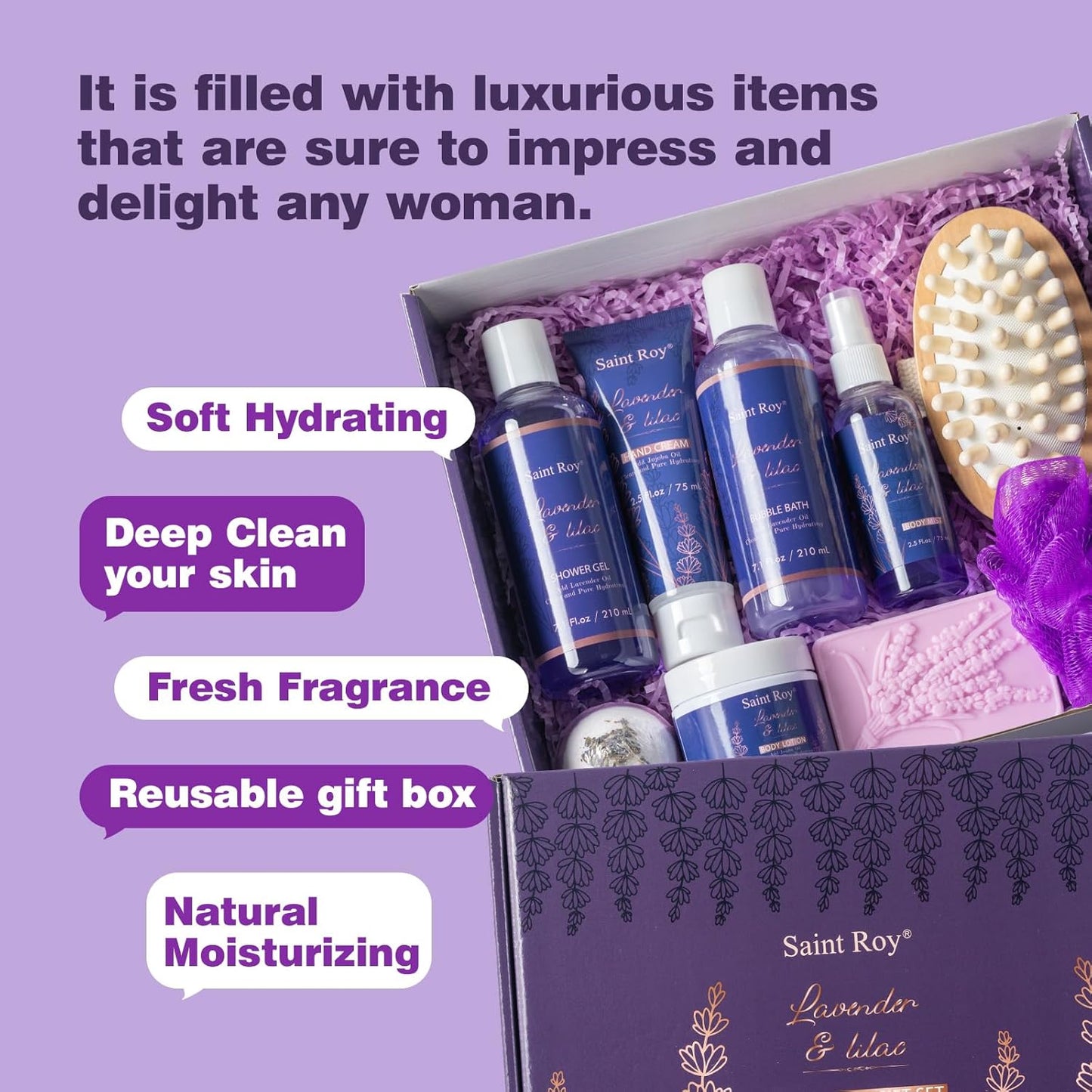 Bath and Body Gift Basket for Women and Men, Gifts for Her Birthday Gifts for Women, Lavender Relaxing Spa Gifts Basket Set, Self Care Gift Unique Idea for Mom Her with Massage Body Rush, Bath Bomb