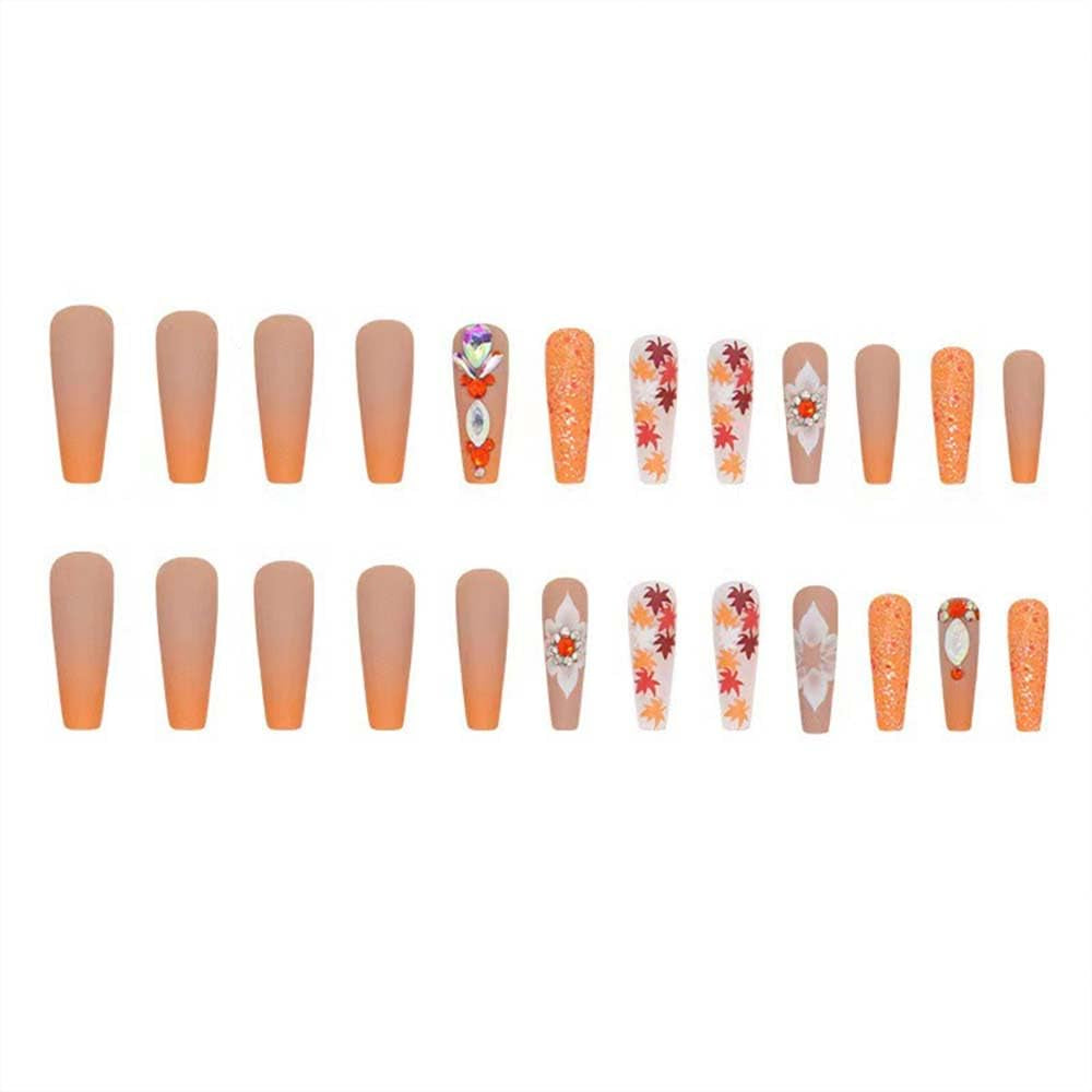 Fall Press on Nails Long Coffin Fake Nails Orange False Nails with Designs Glitter Maple Leaf Rhinestones Stick on Nails Glossy Full Cover Acrylic Glue on Nails for Thanksgiving Nails Decorations