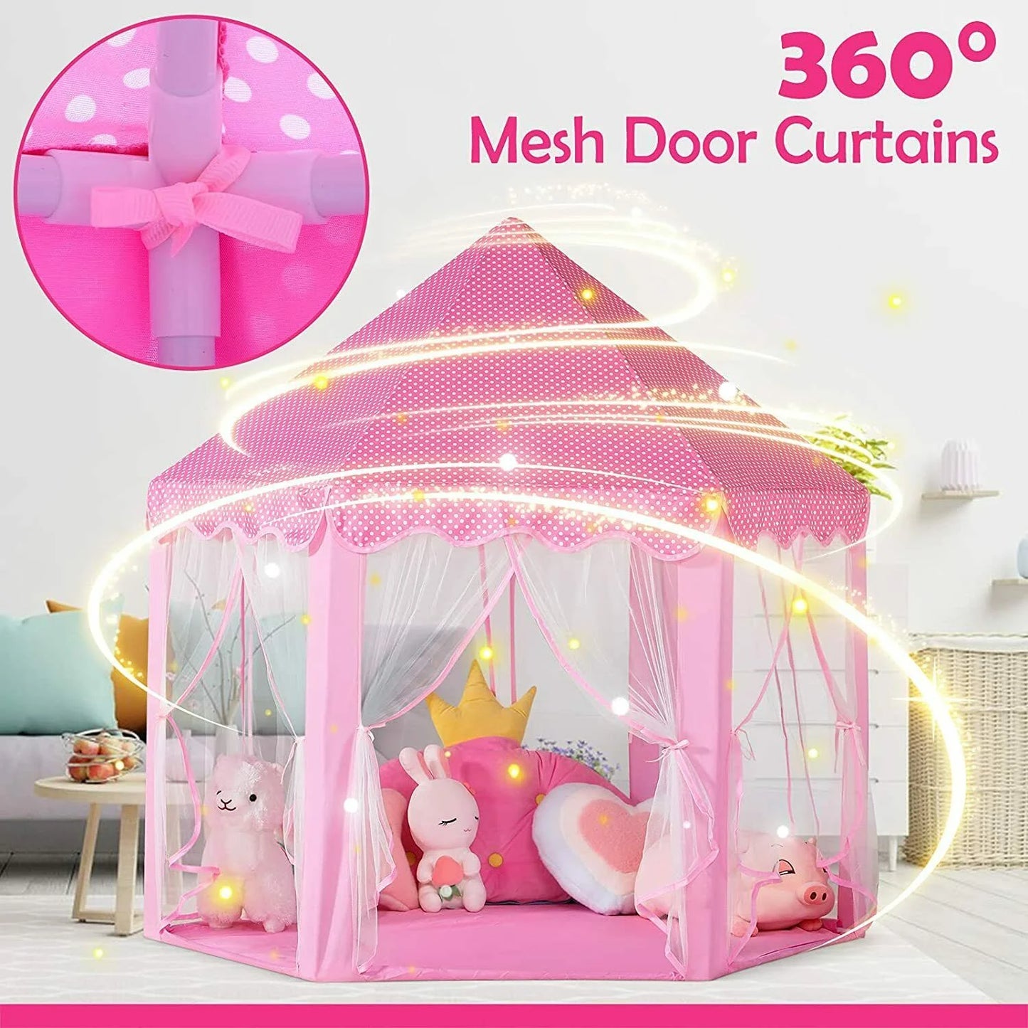 55''X 53'' Princess Tent with LED Star Lights Girls Playhouse Kids Castle Play Tent for Children Indoor and Outdoor Games