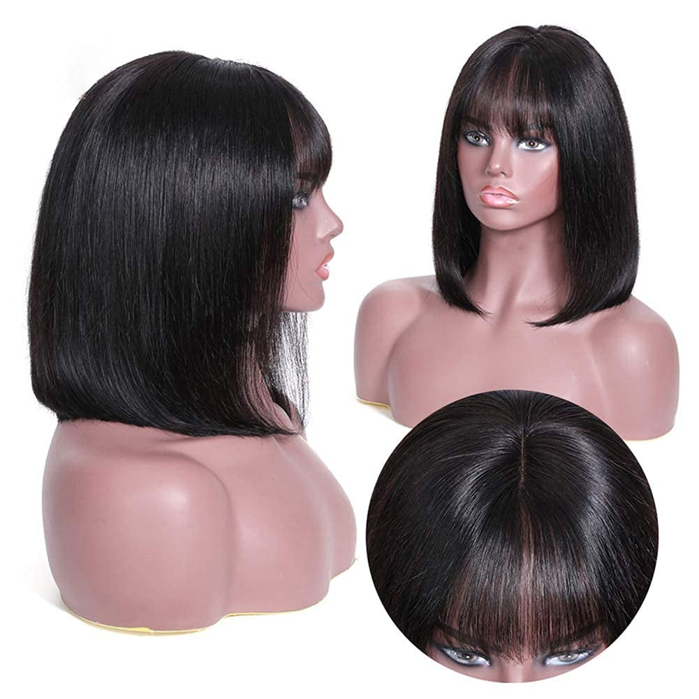 Human Hair Bob Wig with Bang None Lace Front Wigs Machine Made Bob Wigs with Bangs for Black Women Natural Color 10 Inch