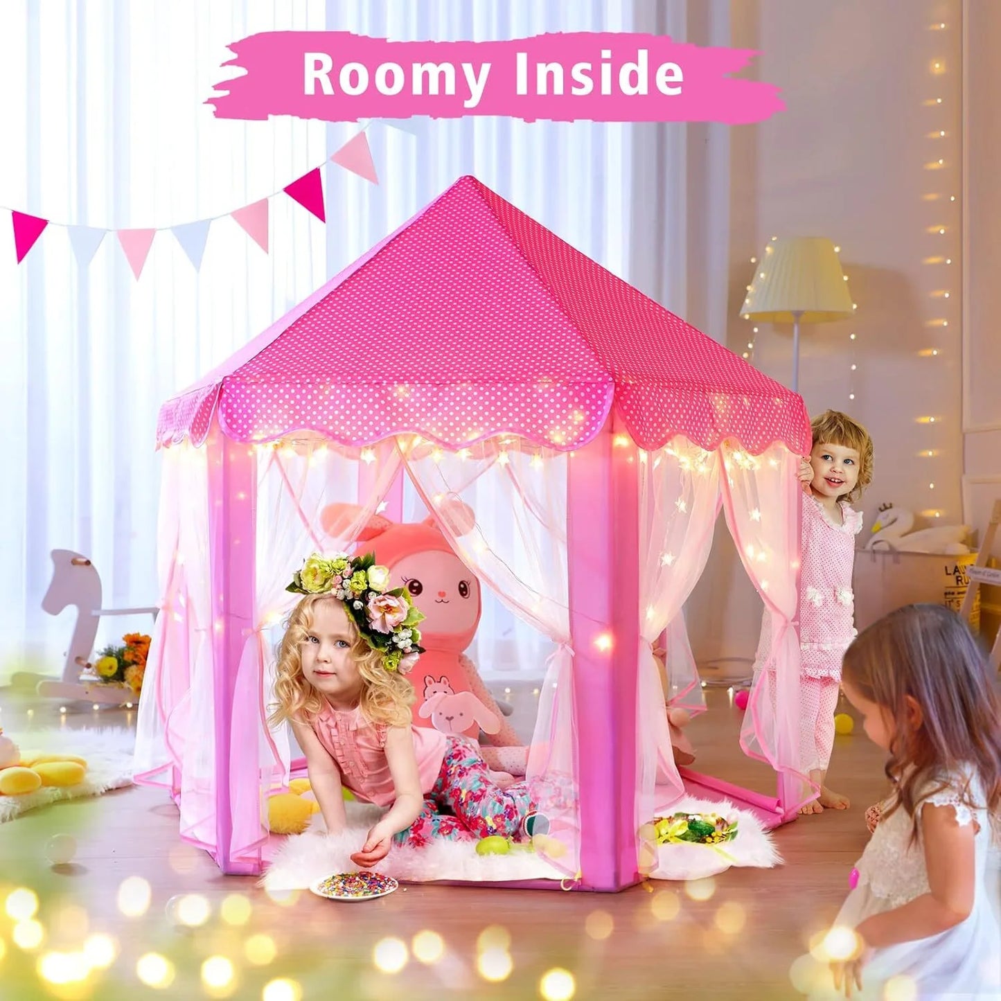 Princess Tent Girls Large Playhouse Kids Castle Play Tent with LED Star Lights for Children Indoor and Outdoor Games, 55'' X 53'' (Dxh)