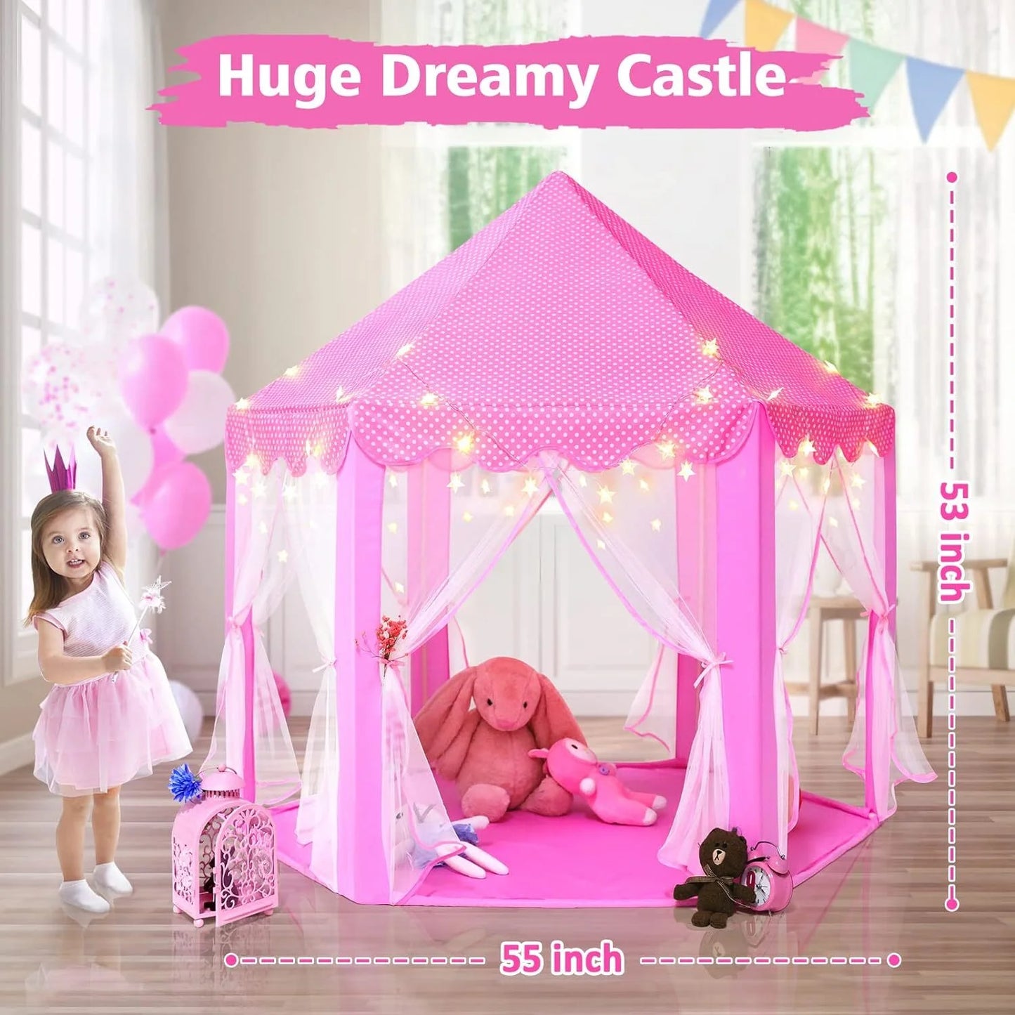 Princess Tent Girls Large Playhouse Kids Castle Play Tent with LED Star Lights for Children Indoor and Outdoor Games, 55'' X 53'' (Dxh)