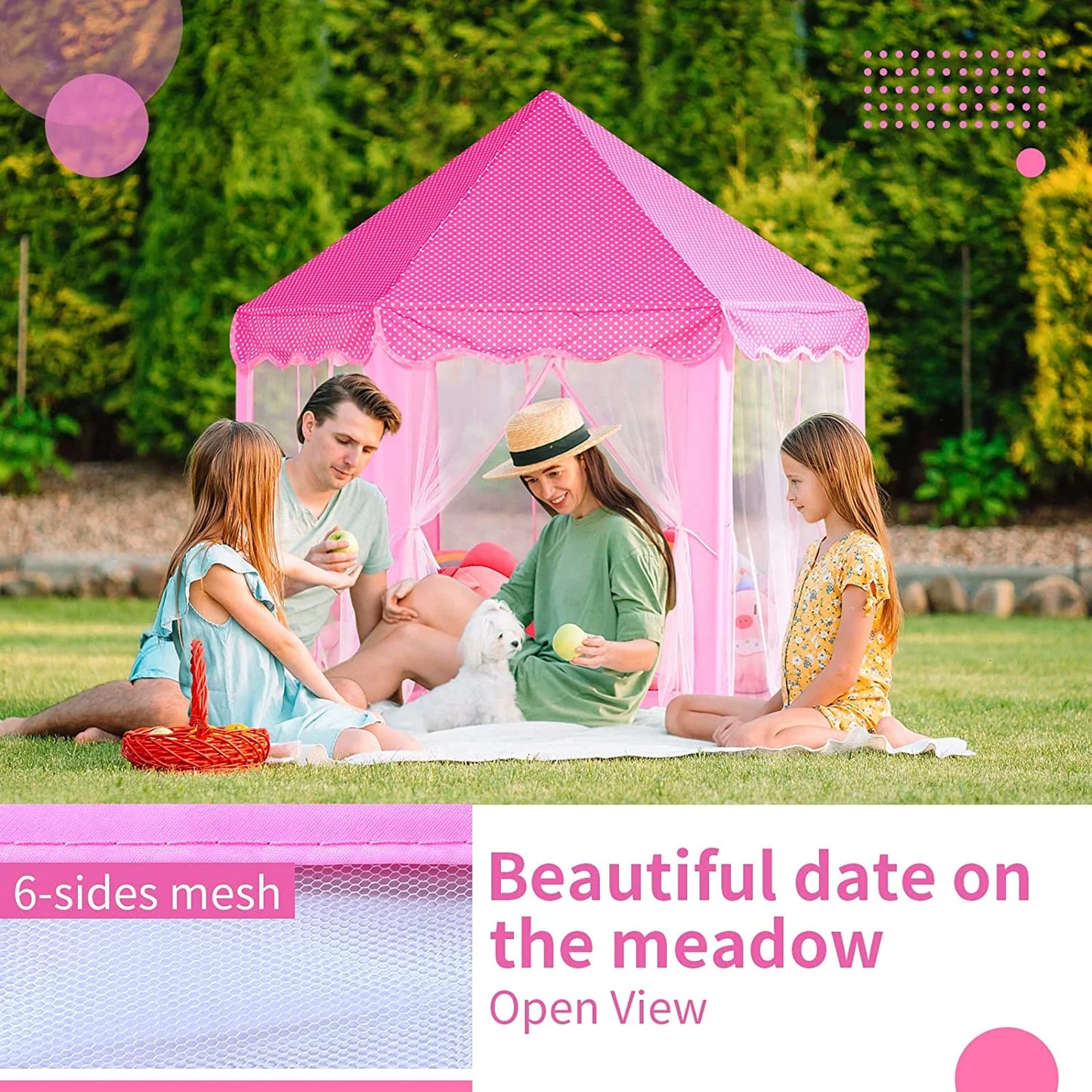 55''X 53'' Princess Tent with LED Star Lights Girls Playhouse Kids Castle Play Tent for Children Indoor and Outdoor Games