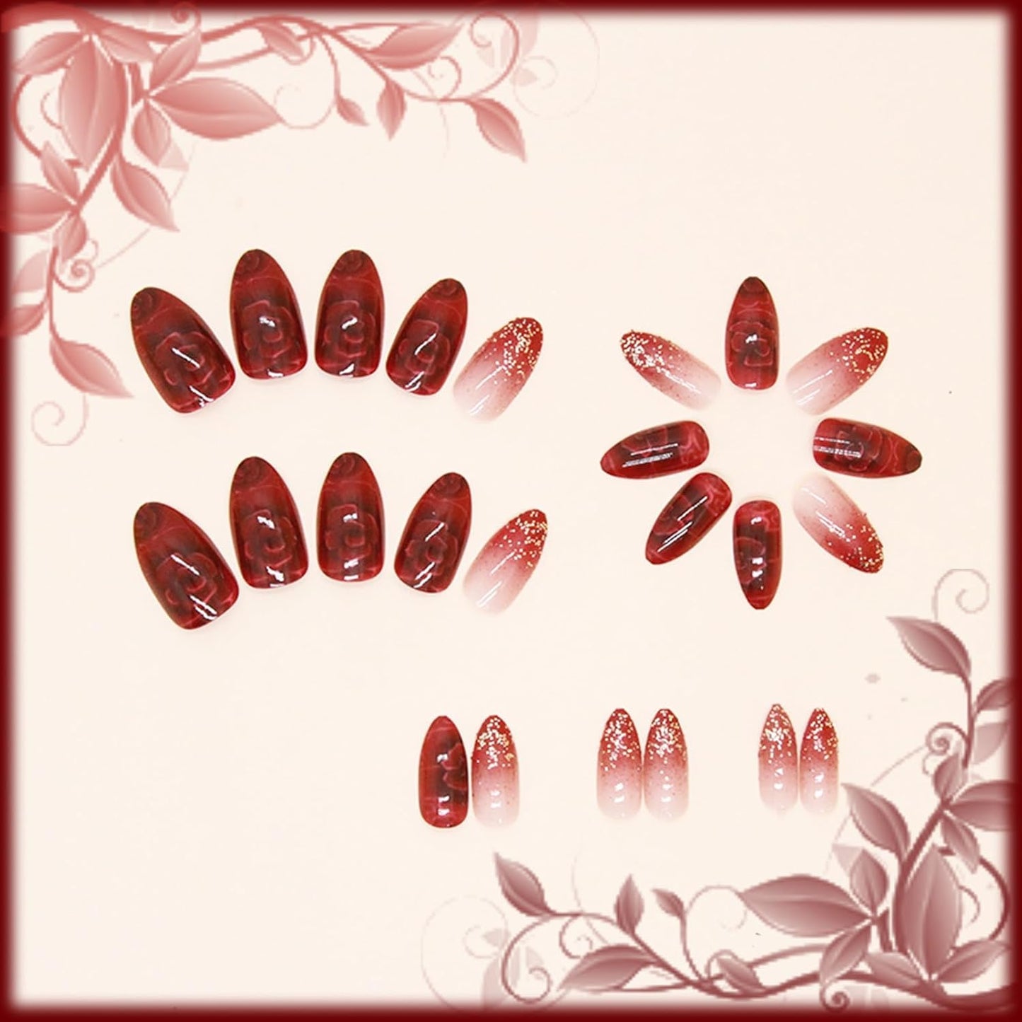 24Pcs Red Gradient Short Almond Press on Nails with Rose Flower Design, Glossy Gold Glitter False Nails Gel Glue on Nails, Shine Ombre Manicure Art Acrylic Fake Nails Stick on Nails for Women Girls