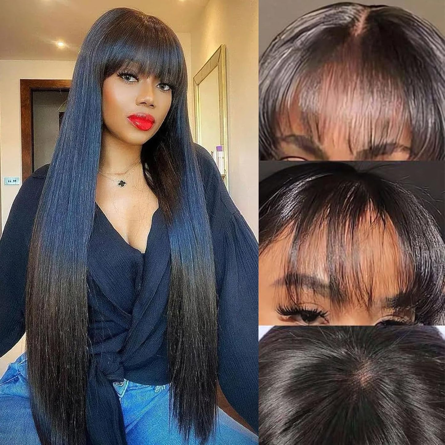 Straight Wigs with Bangs Lace Front Wigs 24 Inch 13X4 HD High Density Transparent Glueless Natural Black Wigs for Women Straight Frontal Wigs with Bangs Bob Wigs Artificial Fiber Human Hair