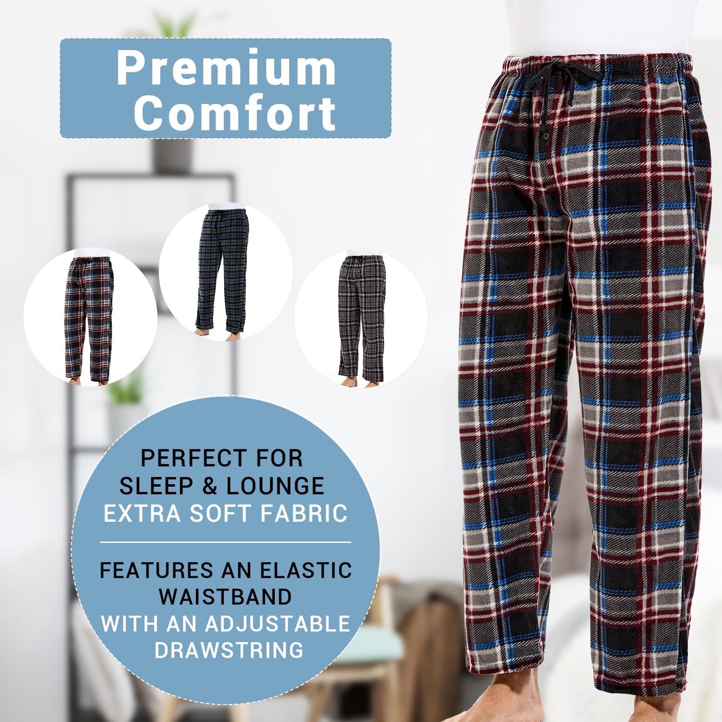 1Pack or 3Pack Mens PJ Pajama Pants Bottoms Fleece Lounge Pants Sleepwear Plaid Pjs with Pockets Microfleece