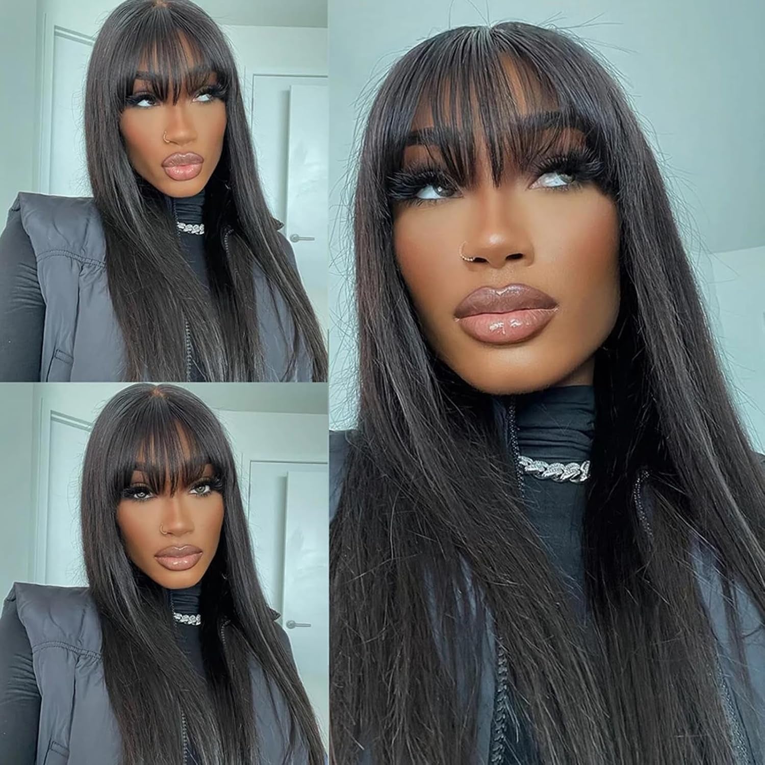 Straight Wigs with Bangs Lace Front Wigs 24 Inch 13X4 HD High Density Transparent Glueless Natural Black Wigs for Women Straight Frontal Wigs with Bangs Bob Wigs Artificial Fiber Human Hair