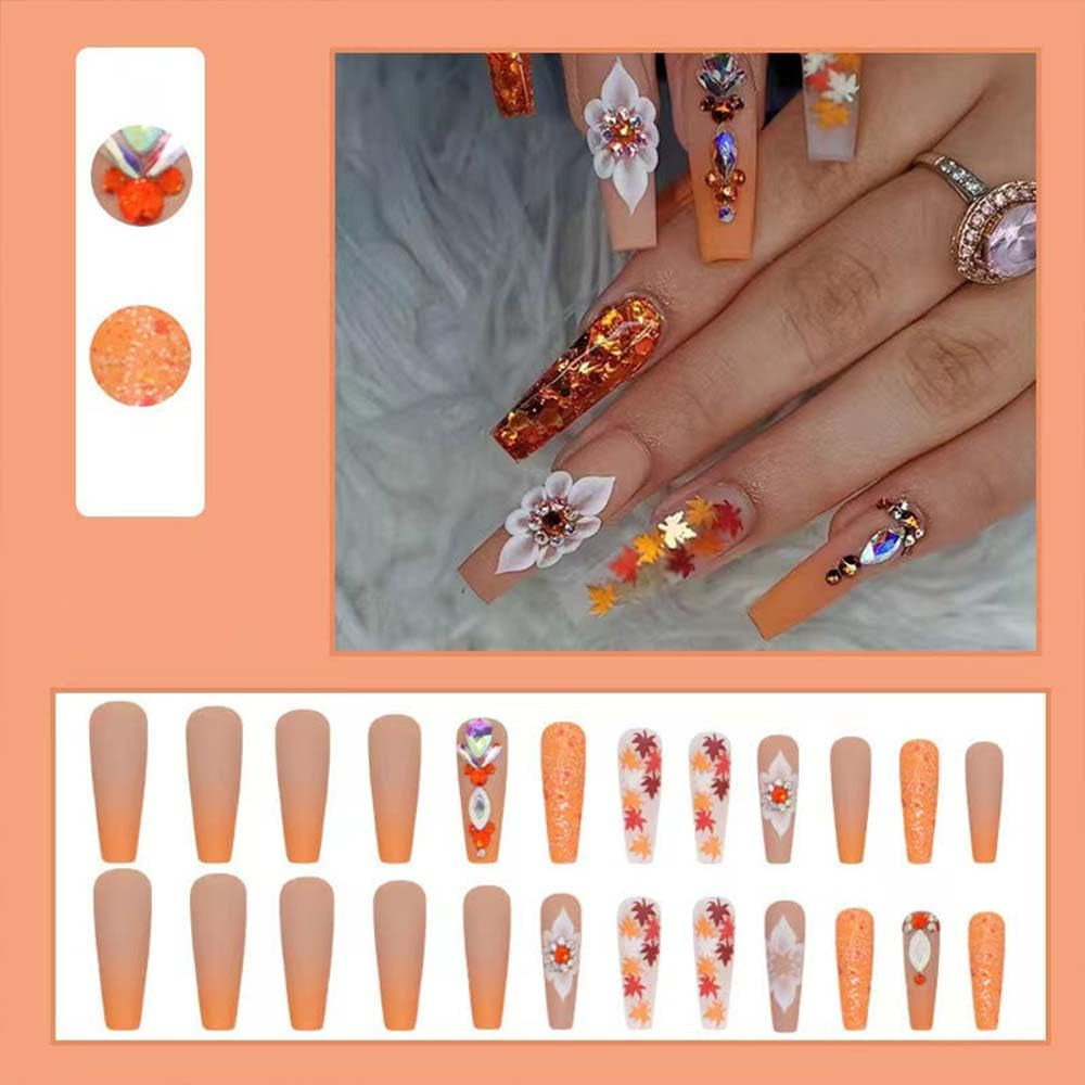 Fall Press on Nails Long Coffin Fake Nails Orange False Nails with Designs Glitter Maple Leaf Rhinestones Stick on Nails Glossy Full Cover Acrylic Glue on Nails for Thanksgiving Nails Decorations