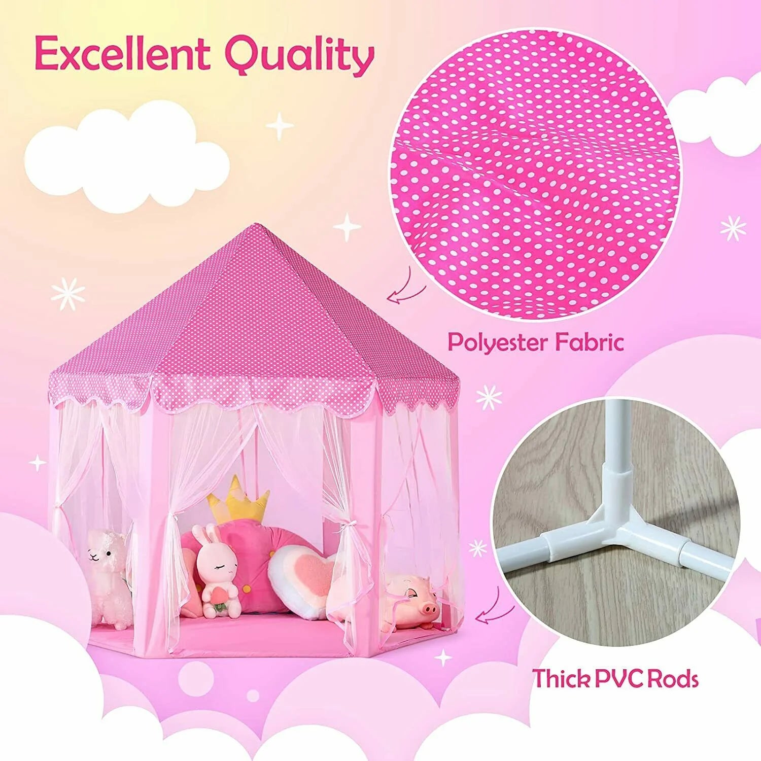 55''X 53'' Princess Tent with LED Star Lights Girls Playhouse Kids Castle Play Tent for Children Indoor and Outdoor Games