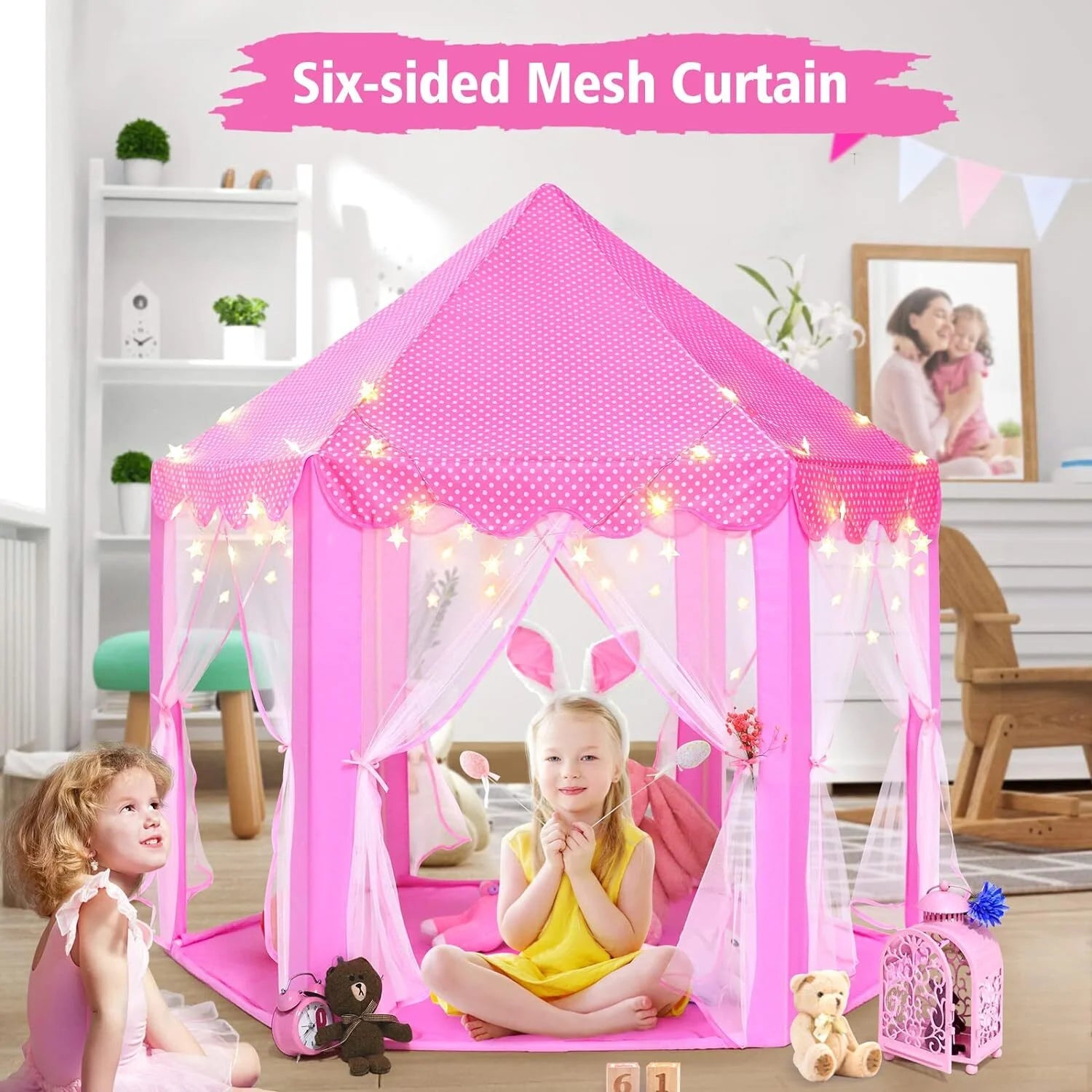 Princess Tent Girls Large Playhouse Kids Castle Play Tent with LED Star Lights for Children Indoor and Outdoor Games, 55'' X 53'' (Dxh)