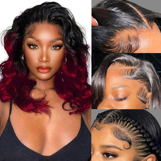 18 Inch Body Wave Lace Front Wigs Human Hair Ocean Wave 13X4 HD Transparent 360°Full Lace Ombre Lace Frontal Wig Pre Plucked with Baby Hair 12A Glueless Wig for Women Tt1B/Bug(Black Red)