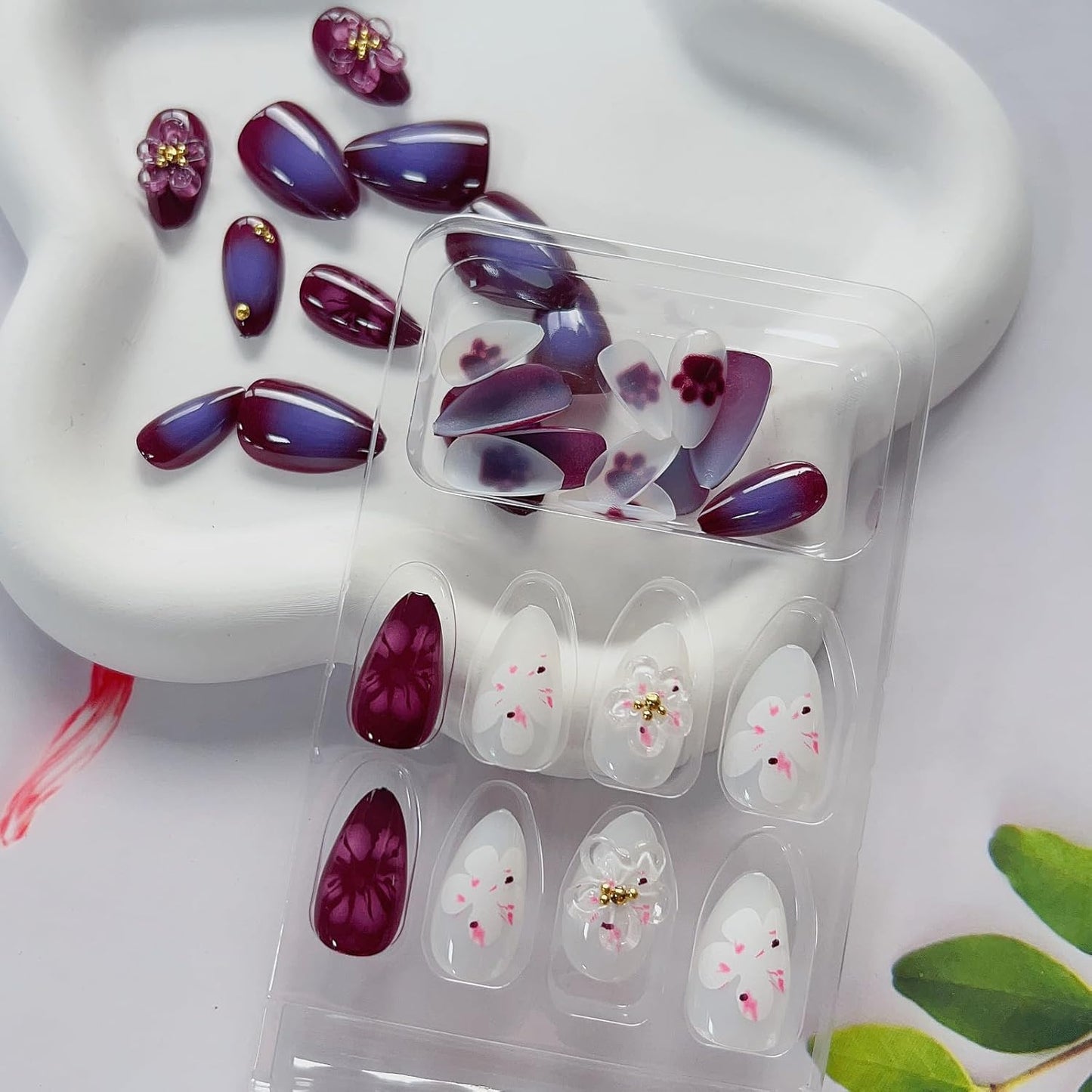 3D Flower Press on Nails Medium Length Fake Nails Purple False Nail Tips Almond Shape Glue on Nails with Designs Full Cover Glossy White Artificial Nails Medium Almond Stick on Nails for Women 24Pcs