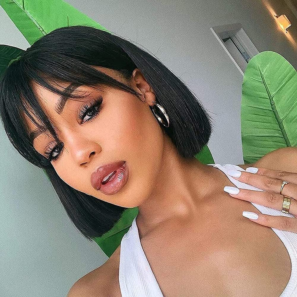 Human Hair Bob Wig with Bang None Lace Front Wigs Machine Made Bob Wigs with Bangs for Black Women Natural Color 10 Inch