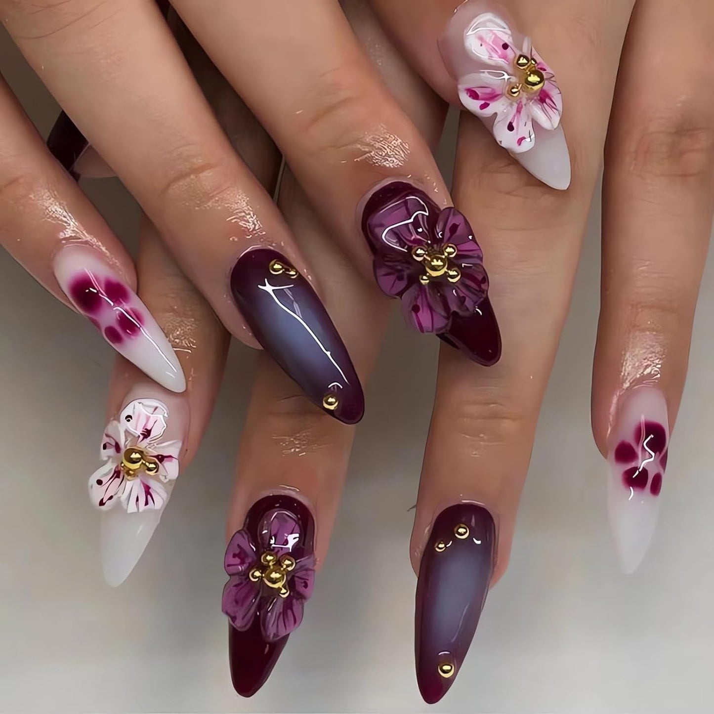 3D Flower Press on Nails Medium Length Fake Nails Purple False Nail Tips Almond Shape Glue on Nails with Designs Full Cover Glossy White Artificial Nails Medium Almond Stick on Nails for Women 24Pcs