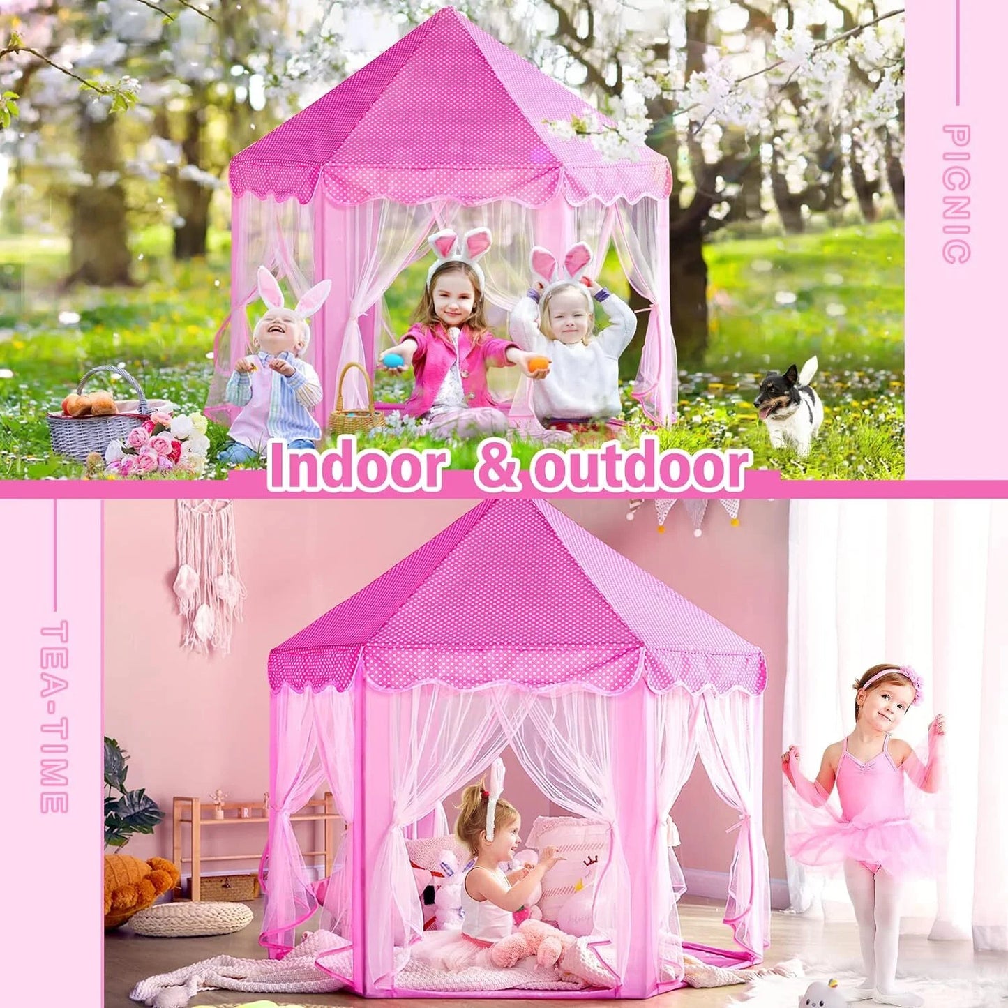 Princess Tent Girls Large Playhouse Kids Castle Play Tent with LED Star Lights for Children Indoor and Outdoor Games, 55'' X 53'' (Dxh)