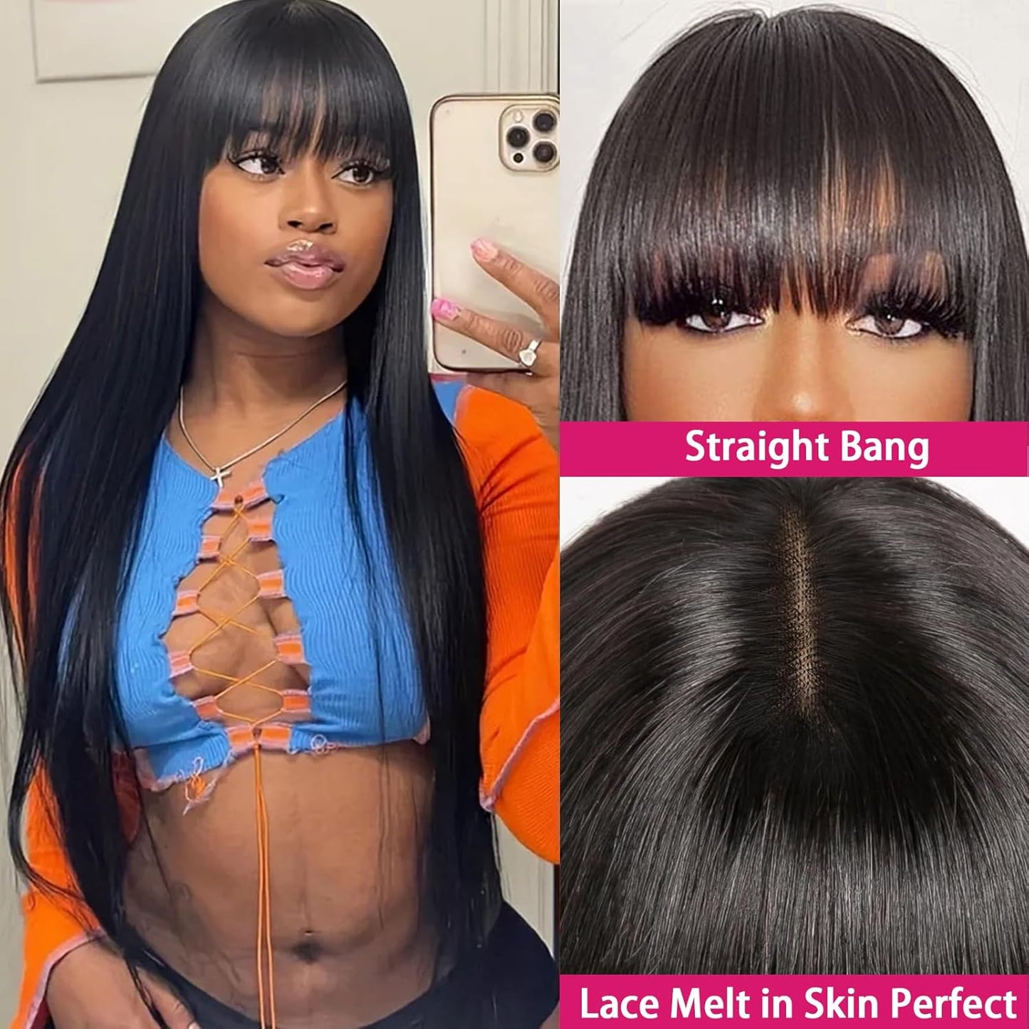 Straight Wigs with Bangs Lace Front Wigs 24 Inch 13X4 HD High Density Transparent Glueless Natural Black Wigs for Women Straight Frontal Wigs with Bangs Bob Wigs Artificial Fiber Human Hair