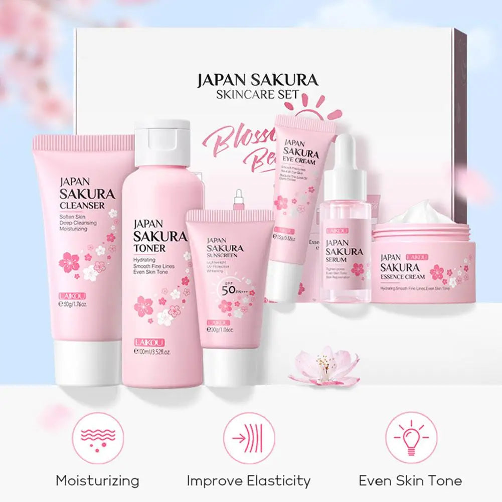 6Pcs/Set Sakura Skin Care Sets Face Cream Serum Toner Facial Cleanser Sunscreen Eye Cream Face Skin Care Set Product Gift Box