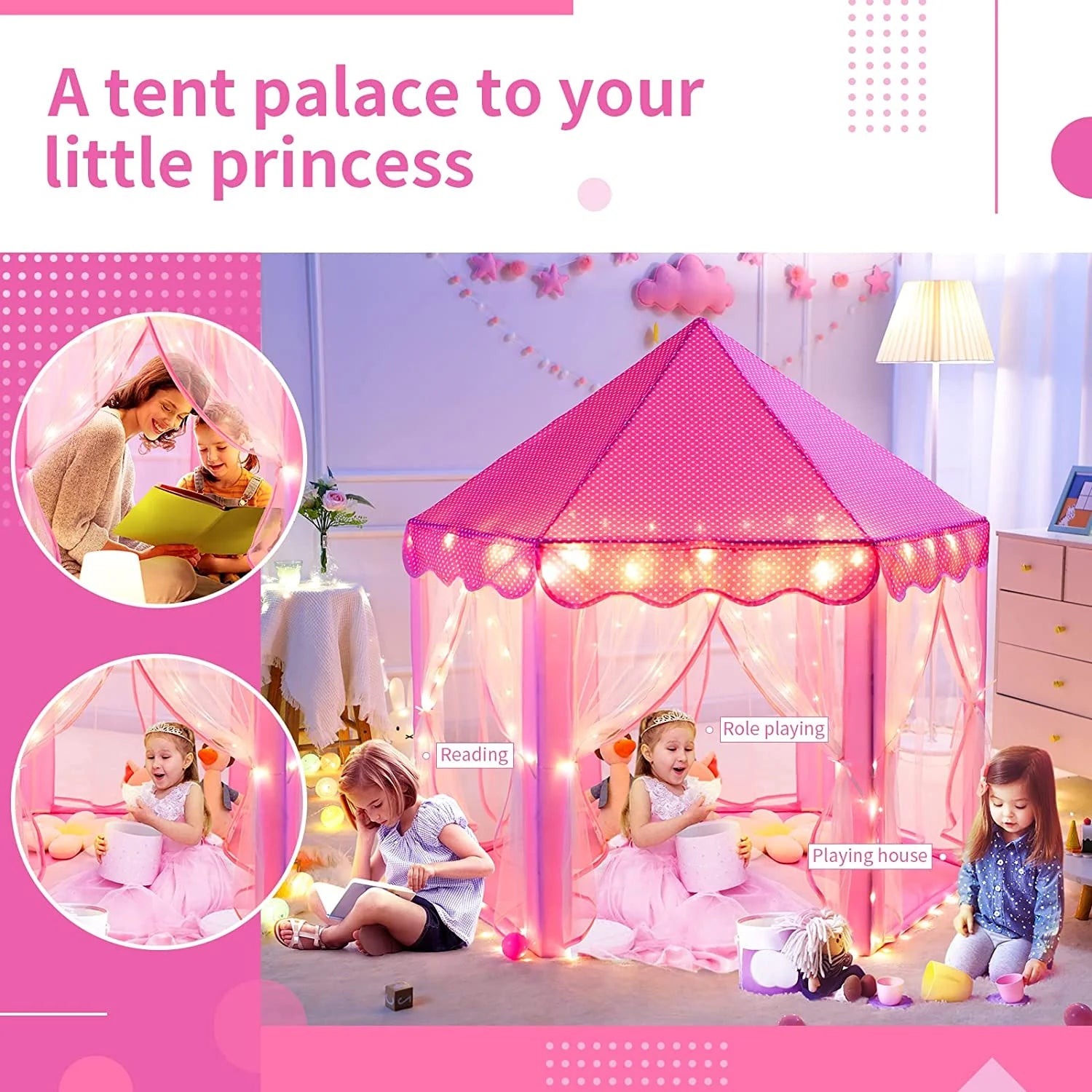 55''X 53'' Princess Tent with LED Star Lights Girls Playhouse Kids Castle Play Tent for Children Indoor and Outdoor Games