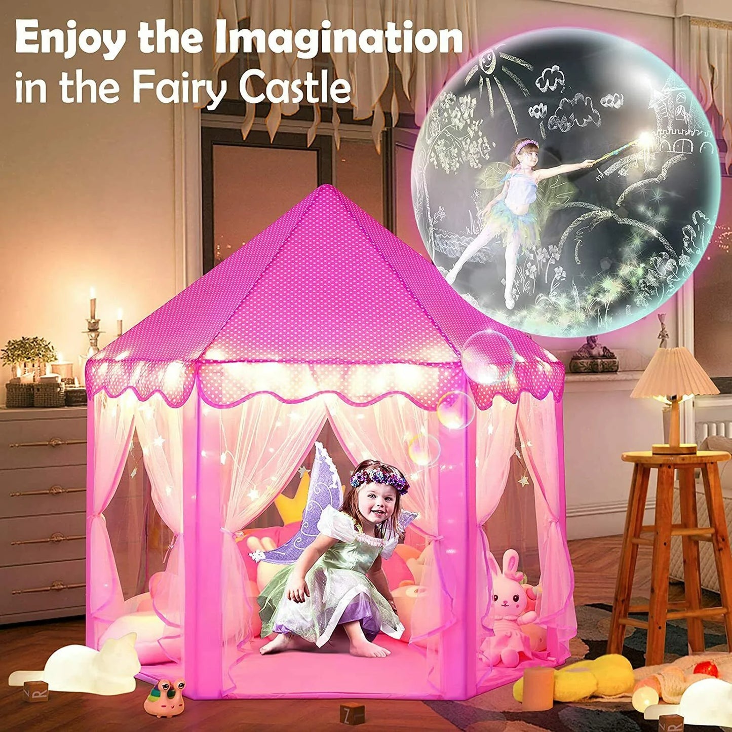 55''X 53'' Princess Tent with LED Star Lights Girls Playhouse Kids Castle Play Tent for Children Indoor and Outdoor Games