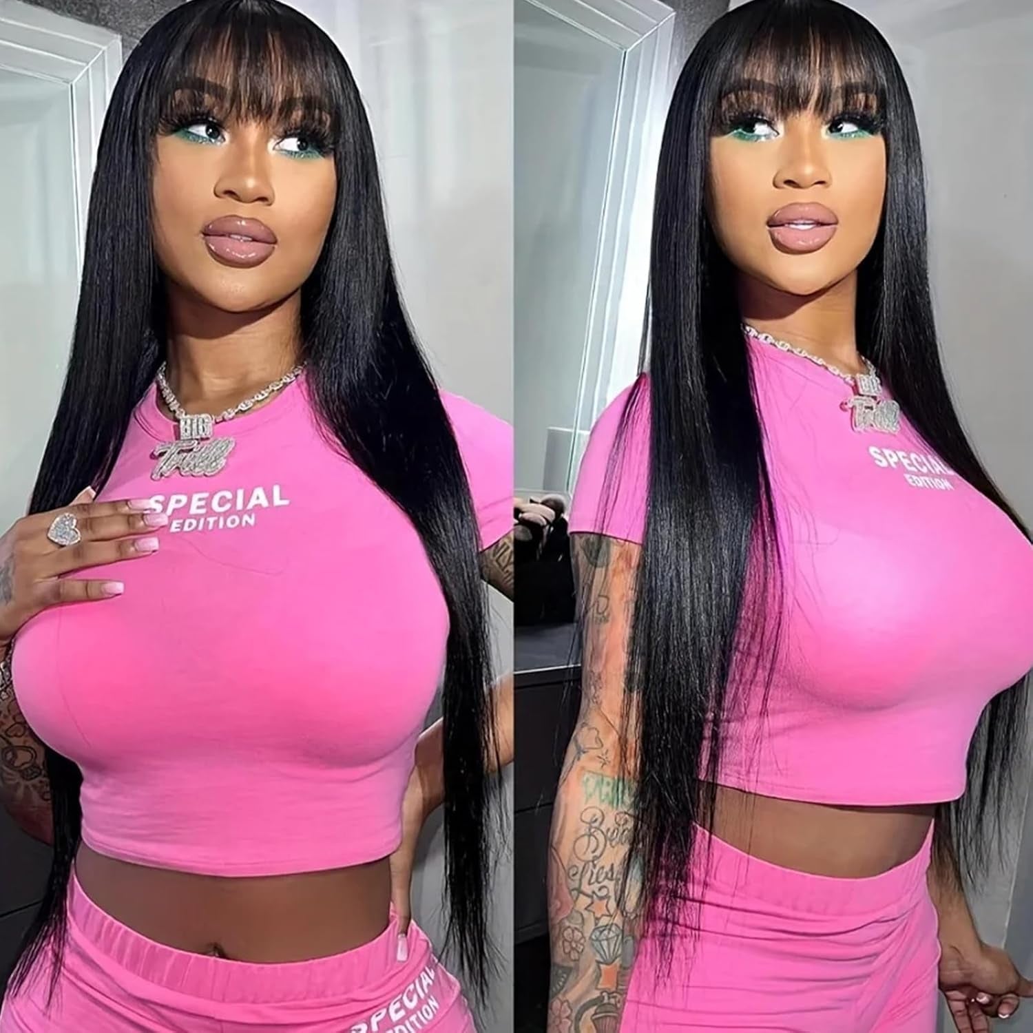 Straight Wigs with Bangs Lace Front Wigs 24 Inch 13X4 HD High Density Transparent Glueless Natural Black Wigs for Women Straight Frontal Wigs with Bangs Bob Wigs Artificial Fiber Human Hair