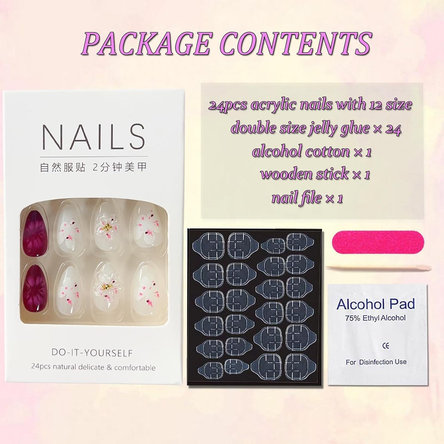 3D Flower Press on Nails Medium Length Fake Nails Purple False Nail Tips Almond Shape Glue on Nails with Designs Full Cover Glossy White Artificial Nails Medium Almond Stick on Nails for Women 24Pcs