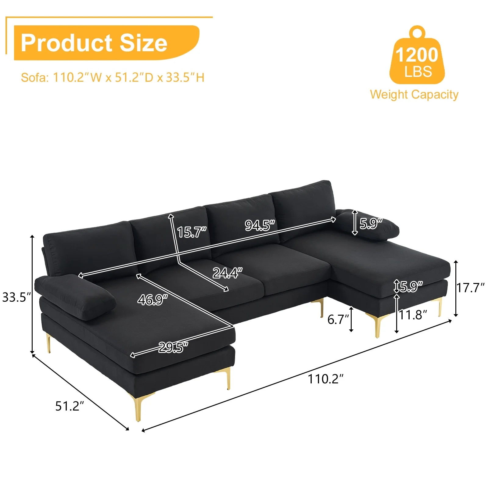 Sectional Sofa, U-Shape Convertible Couch Set with Soft Linen Fabric, Lounge Sleeper with Chaise for Living Room 4 Seat Black