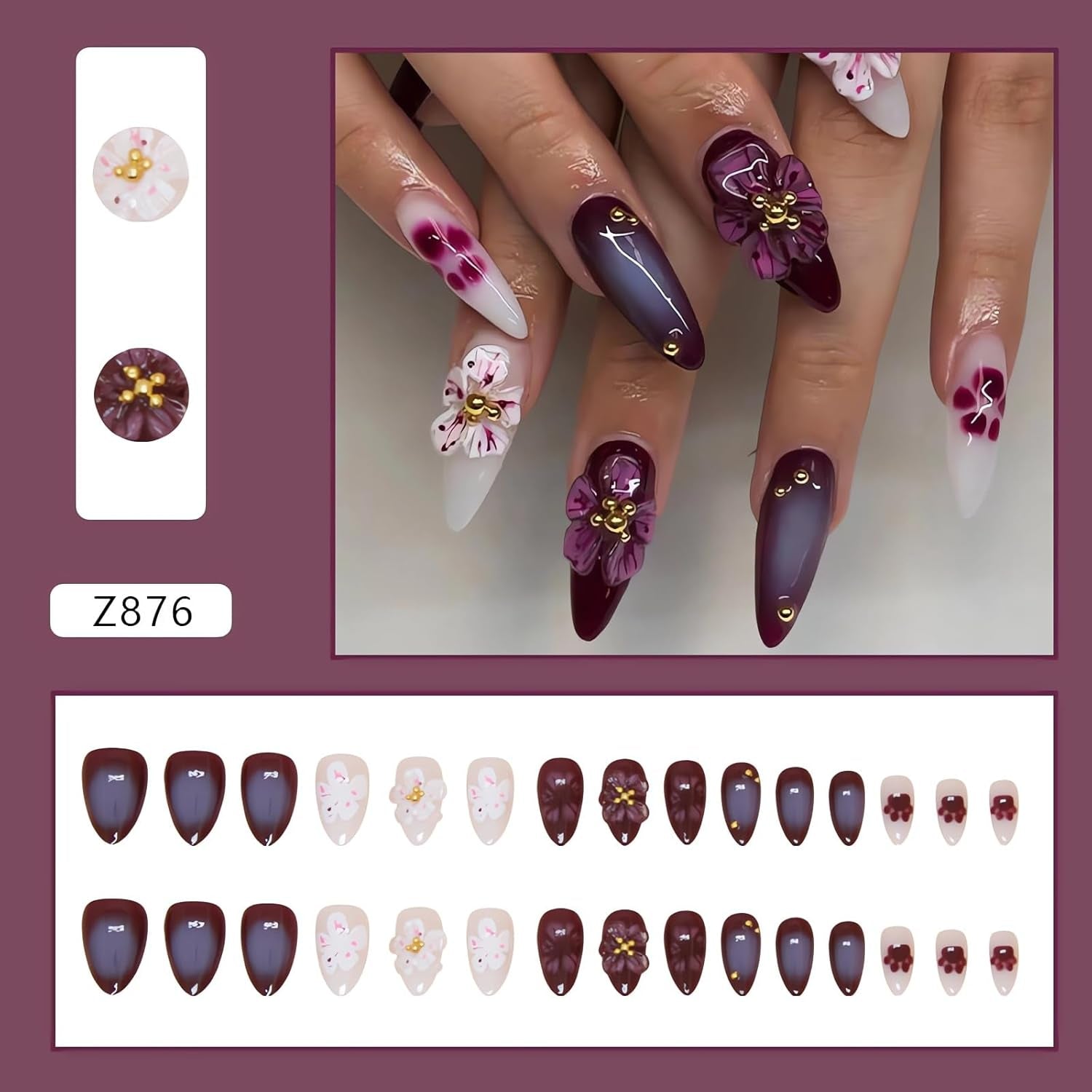 3D Flower Press on Nails Medium Length Fake Nails Purple False Nail Tips Almond Shape Glue on Nails with Designs Full Cover Glossy White Artificial Nails Medium Almond Stick on Nails for Women 24Pcs