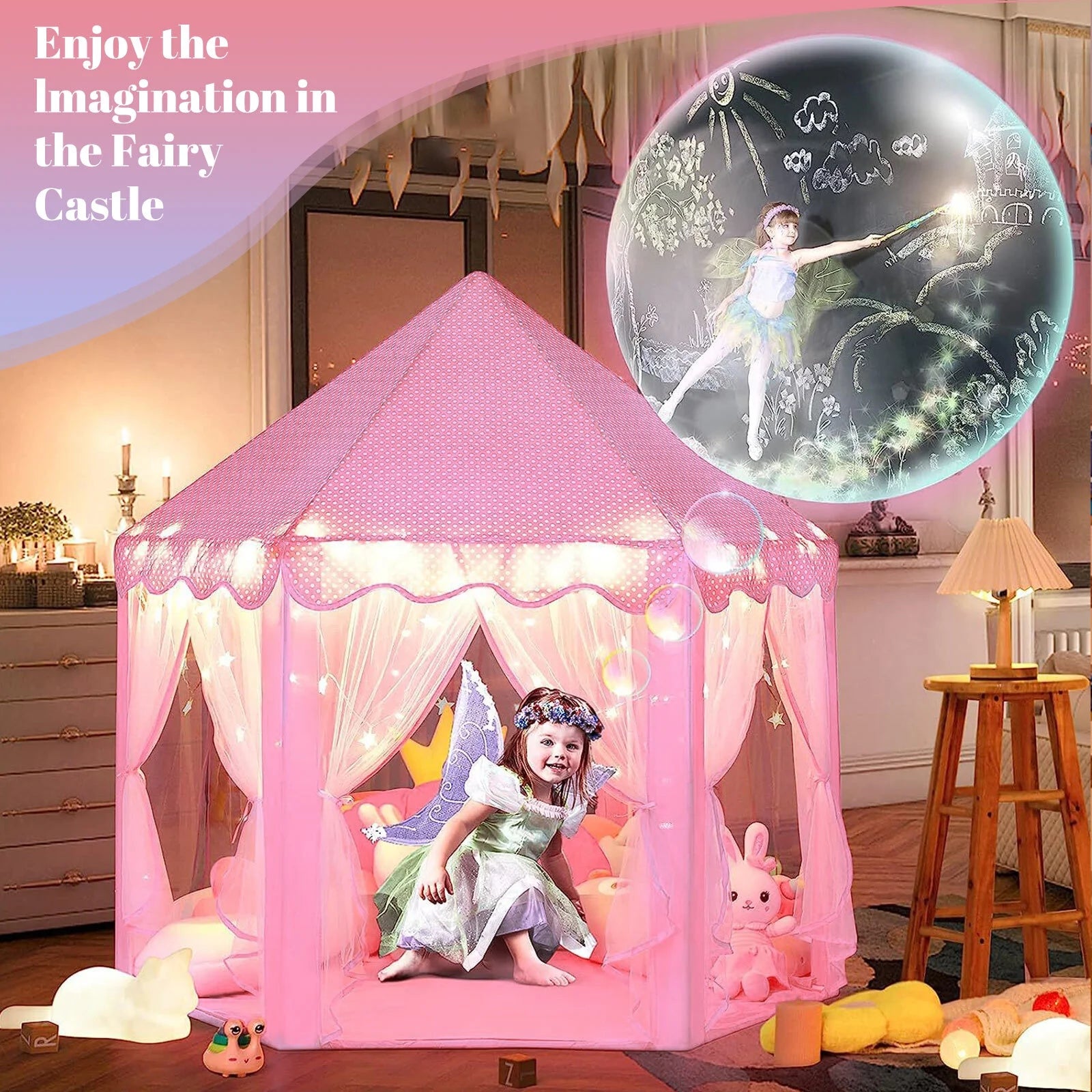 Princess Tent Girls Large Playhouse Kids Castle Play Tent with LED Star Lights for Children Indoor and Outdoor Games, 55'' X 53'' (Dxh)