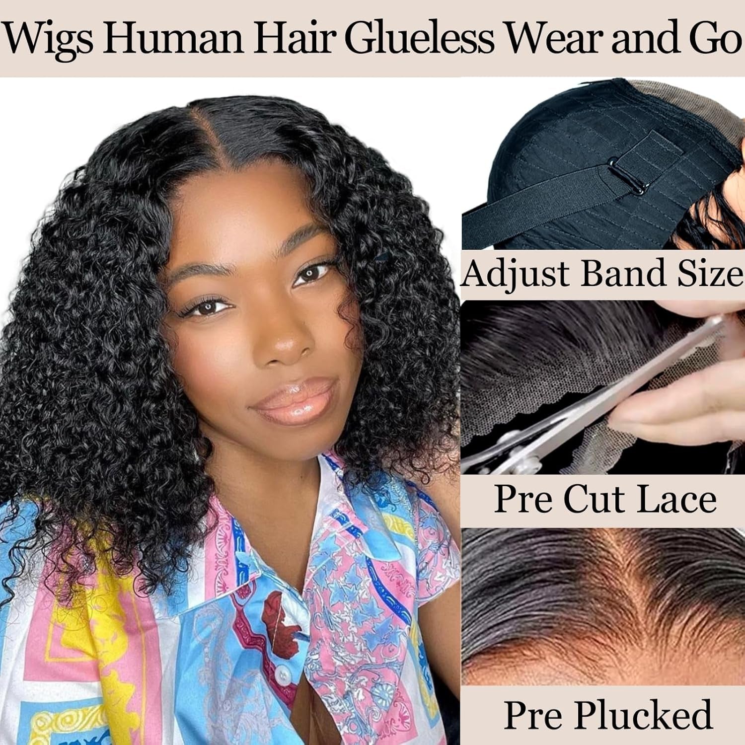 Wear and Go Glueless Bob Wigs Human Hair Pre Plucked Pre Cut Water Wave Curly Bob Wig Human Hair Glueless Short 4×4 Lace Front Wigs Human Hair for Black Woman Natural Black 14Inch 180% Density