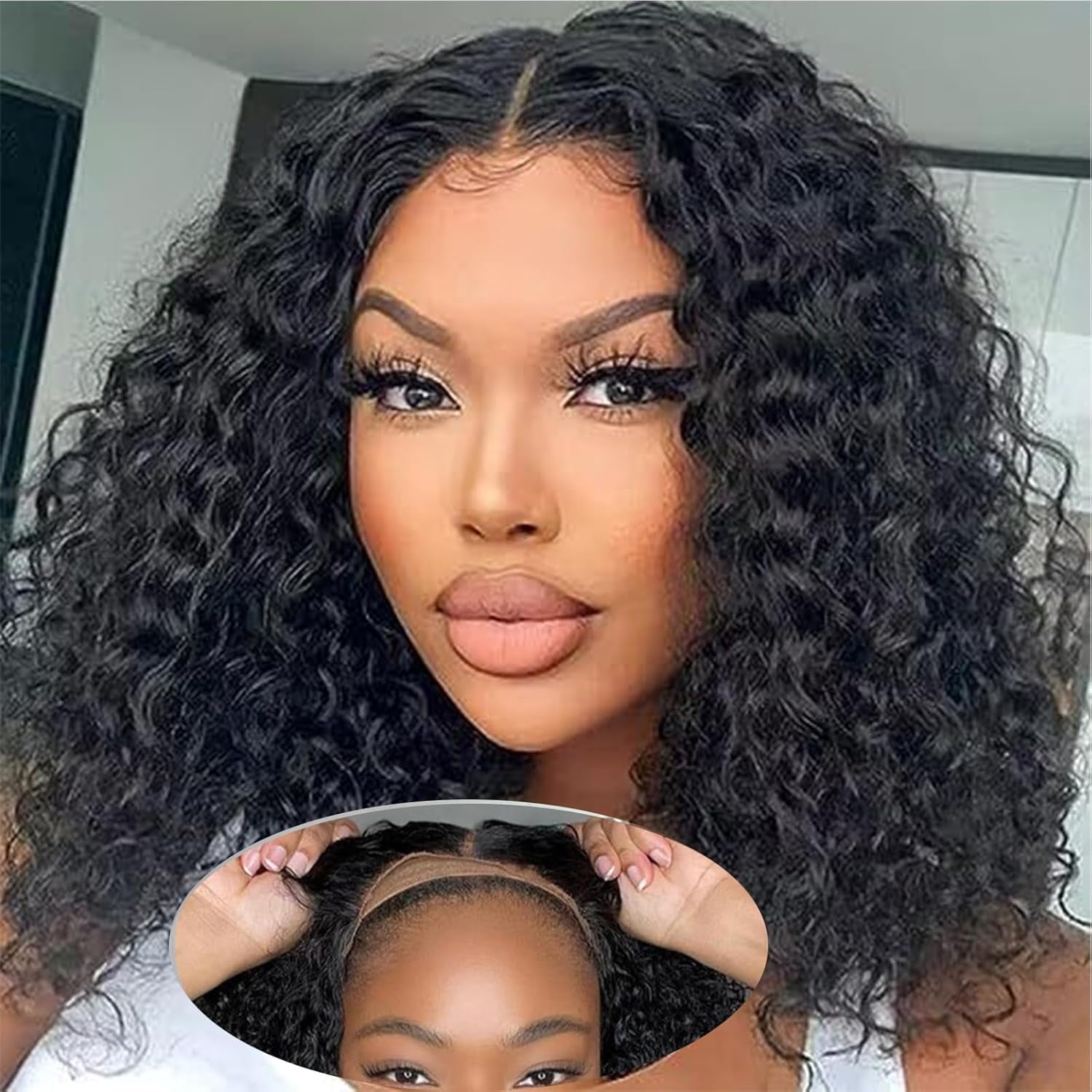 Wear and Go Glueless Bob Wigs Human Hair Pre Plucked Pre Cut Water Wave Curly Bob Wig Human Hair Glueless Short 4×4 Lace Front Wigs Human Hair for Black Woman Natural Black 14Inch 180% Density