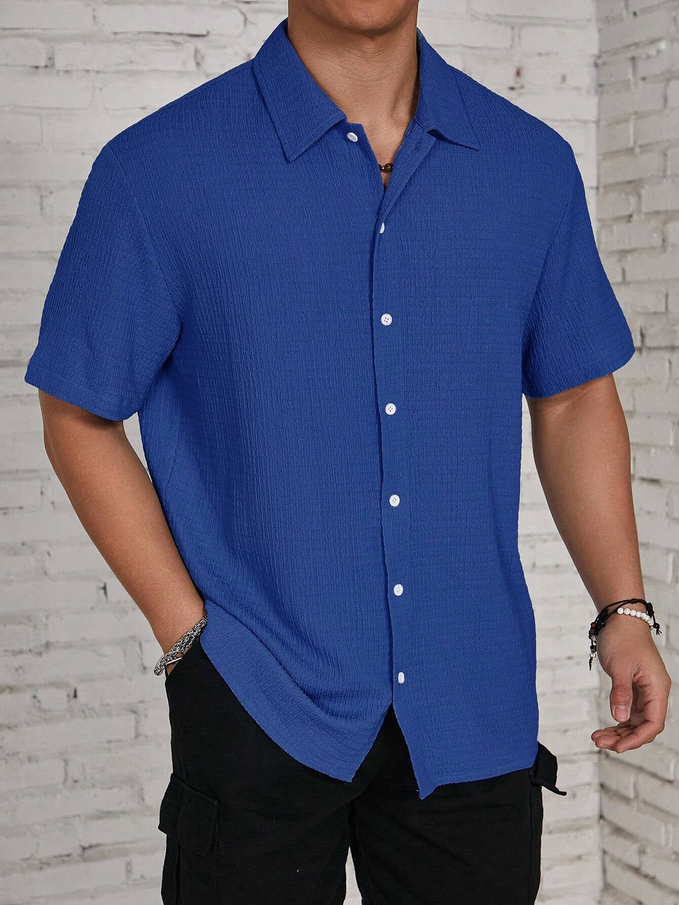 Manfinity Homme Men Solid Button up Shirt Slim Fit Short Sleeve Collar Plain Casual Shirt