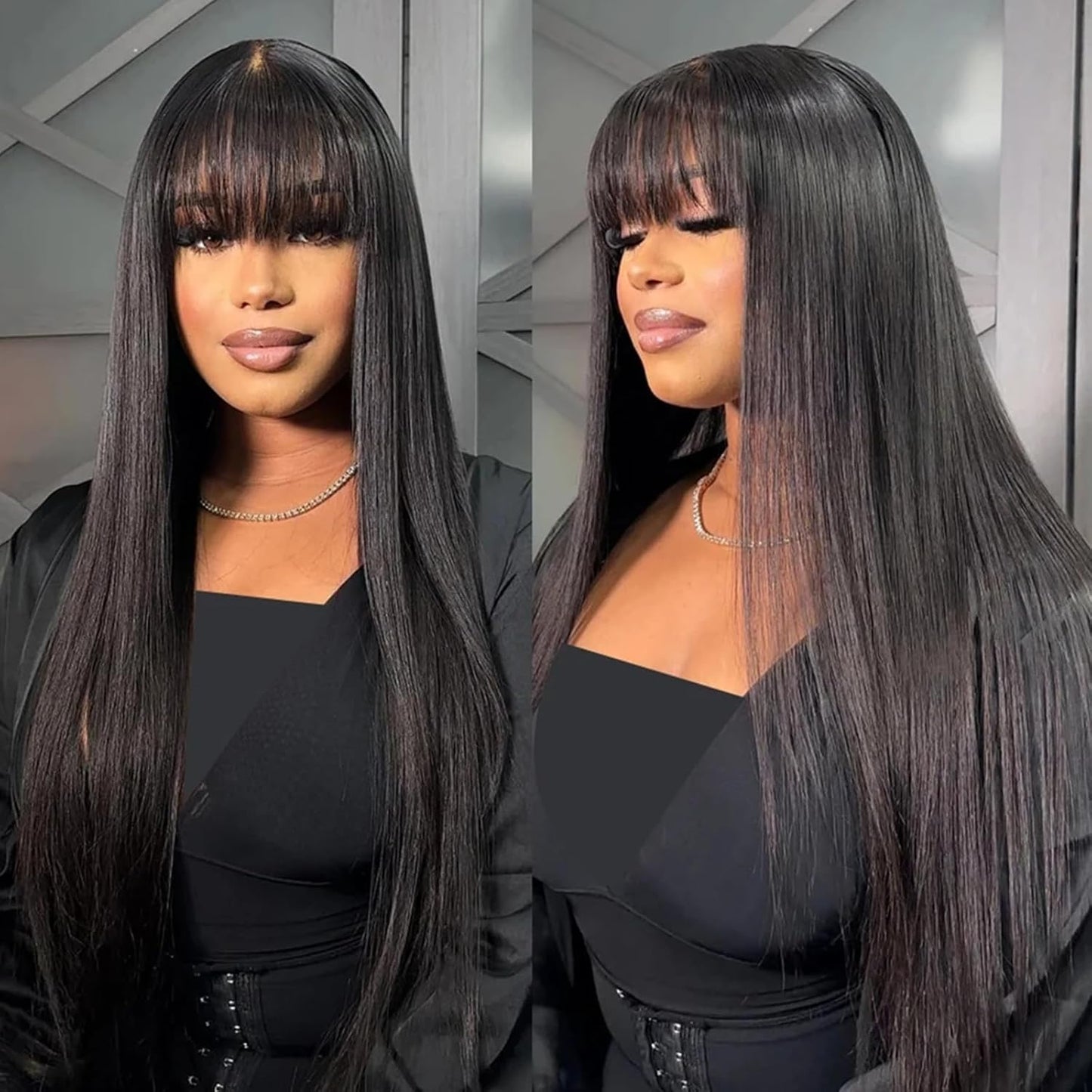 Straight Wigs with Bangs Lace Front Wigs 24 Inch 13X4 HD High Density Transparent Glueless Natural Black Wigs for Women Straight Frontal Wigs with Bangs Bob Wigs Artificial Fiber Human Hair