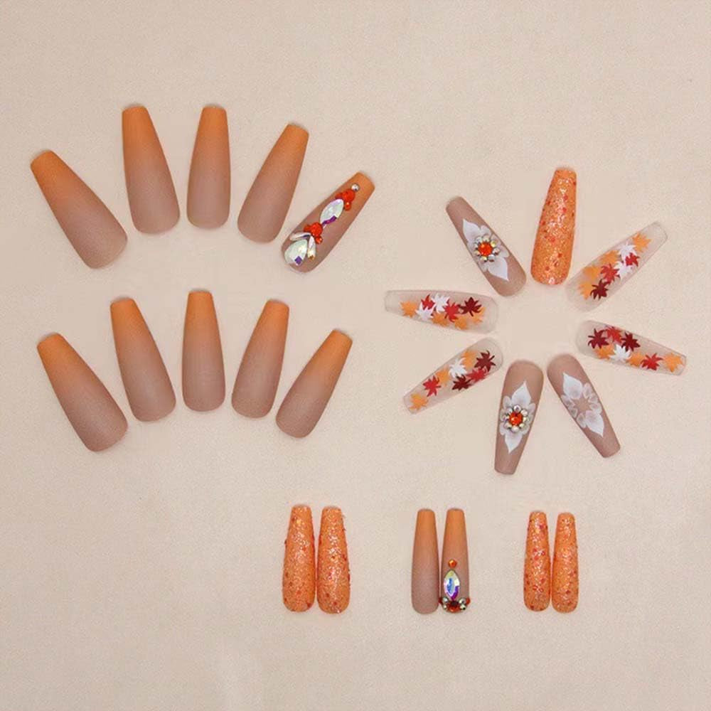 Fall Press on Nails Long Coffin Fake Nails Orange False Nails with Designs Glitter Maple Leaf Rhinestones Stick on Nails Glossy Full Cover Acrylic Glue on Nails for Thanksgiving Nails Decorations