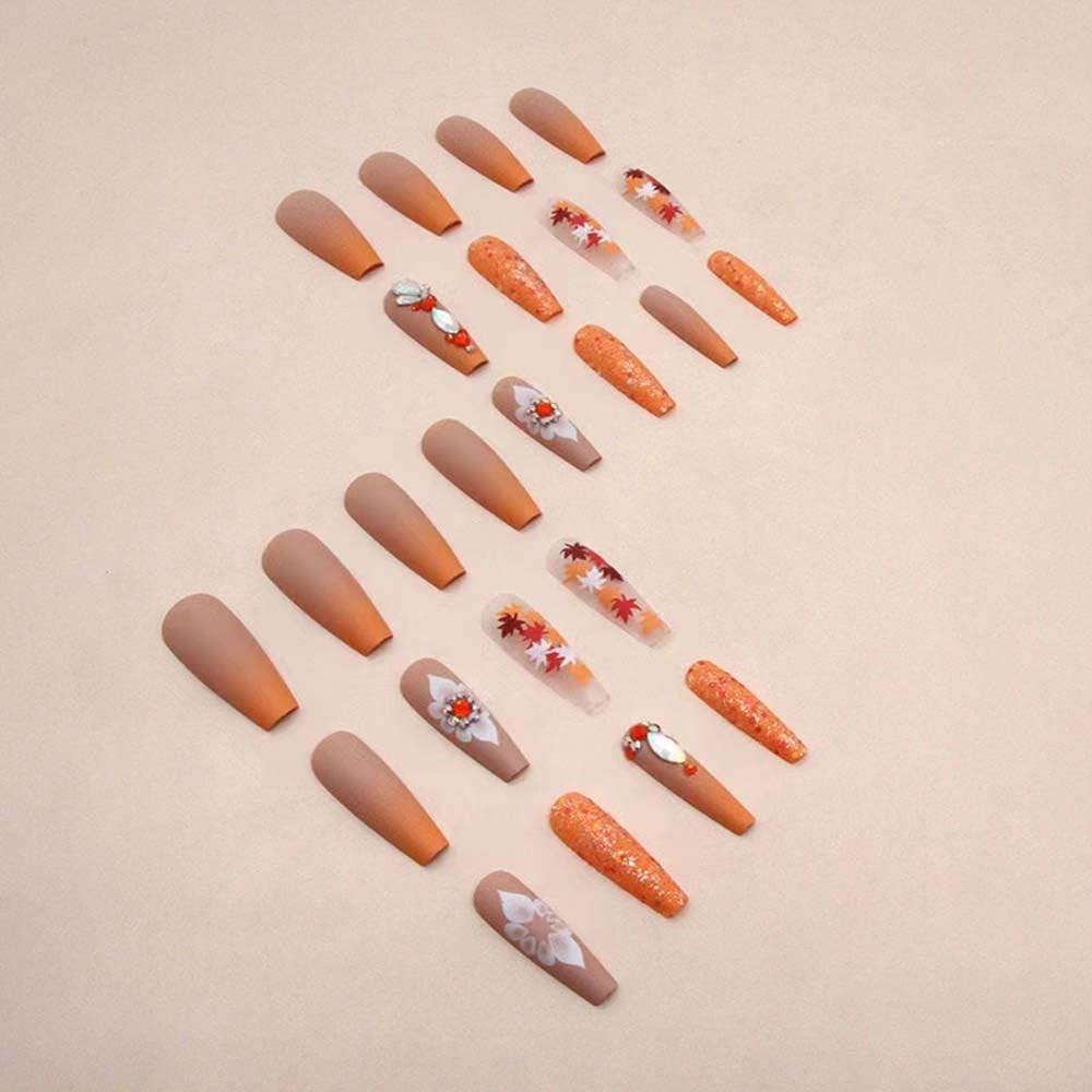 Fall Press on Nails Long Coffin Fake Nails Orange False Nails with Designs Glitter Maple Leaf Rhinestones Stick on Nails Glossy Full Cover Acrylic Glue on Nails for Thanksgiving Nails Decorations