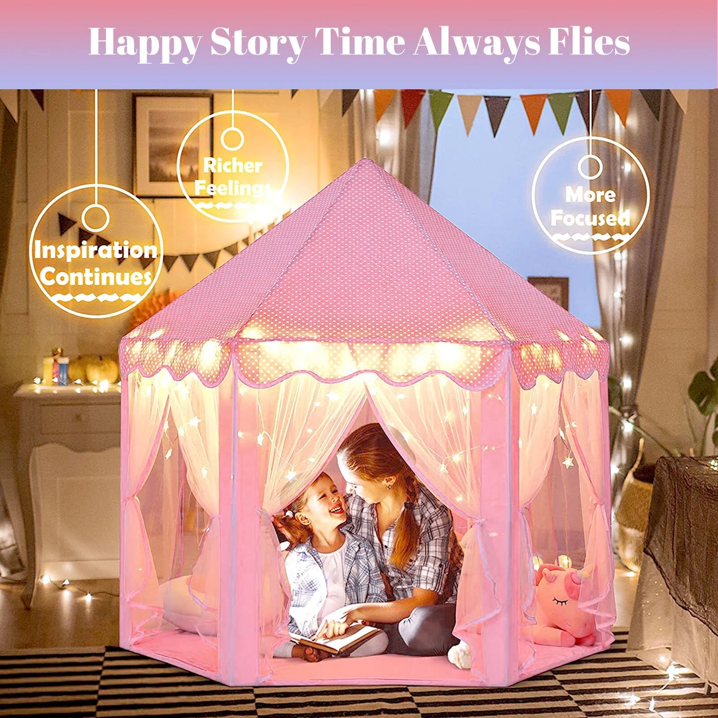 Princess Tent Girls Large Playhouse Kids Castle Play Tent with LED Star Lights for Children Indoor and Outdoor Games, 55'' X 53'' (Dxh)