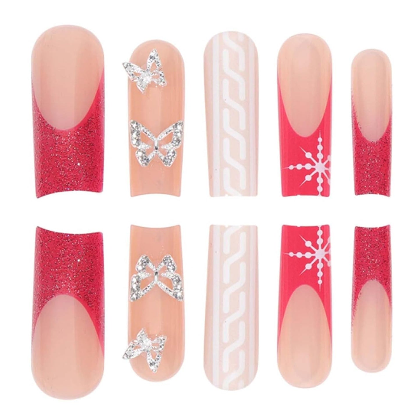 Long Square Press on Nails French Fake Nails Butterfly Nails Tips Full Cover Snowflake False Nails for Women and Girls 24Pcs