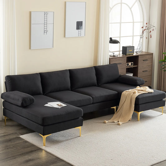 Sectional Sofa, U-Shape Convertible Couch Set with Soft Linen Fabric, Lounge Sleeper with Chaise for Living Room 4 Seat Black