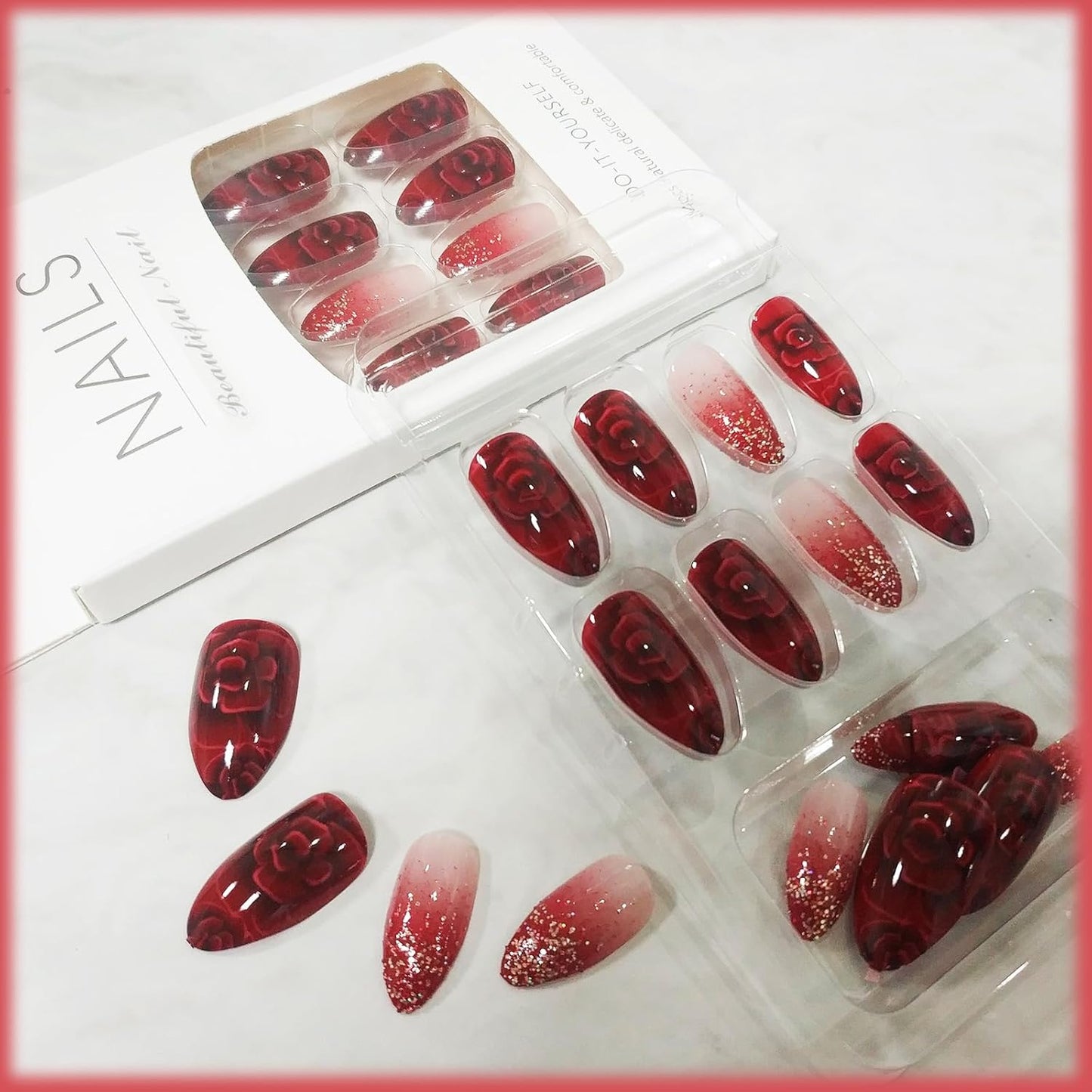 24Pcs Red Gradient Short Almond Press on Nails with Rose Flower Design, Glossy Gold Glitter False Nails Gel Glue on Nails, Shine Ombre Manicure Art Acrylic Fake Nails Stick on Nails for Women Girls