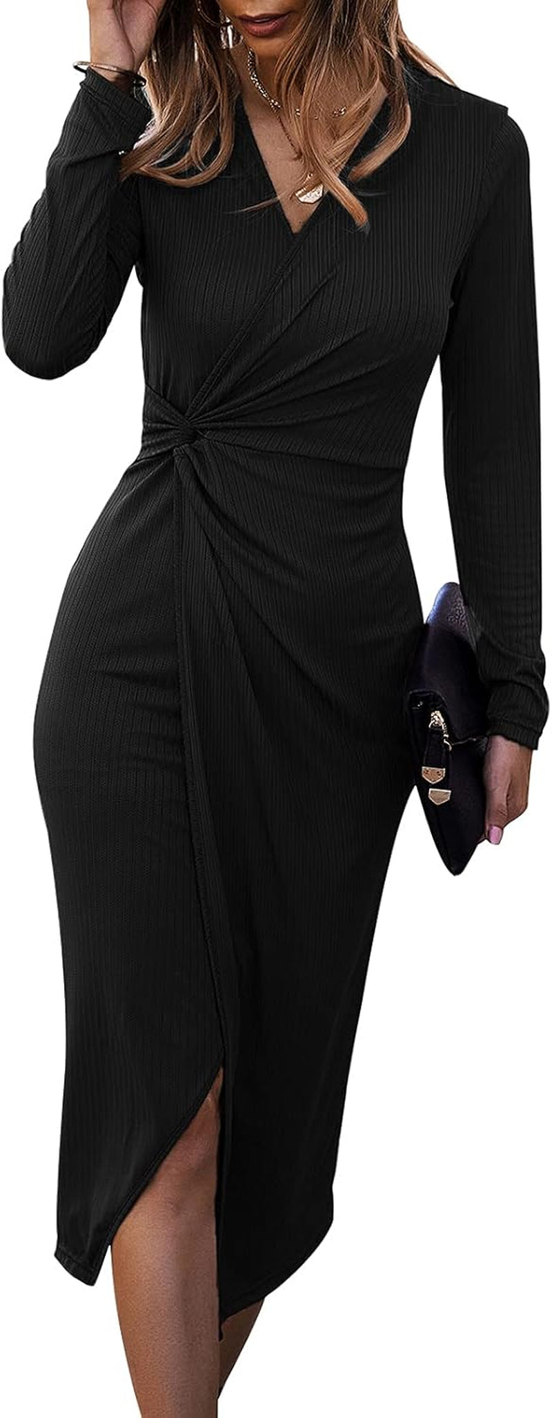 Women'S Long Sleeve Dress: Midi Casual V Neck Twist Waist Ribbed Knit Bodycon Slit Cocktail Party Dresses