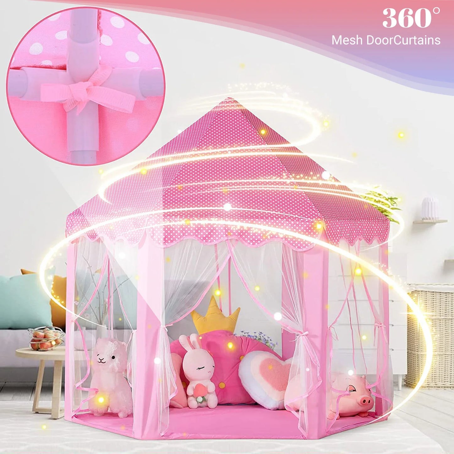 Princess Tent Girls Large Playhouse Kids Castle Play Tent with LED Star Lights for Children Indoor and Outdoor Games, 55'' X 53'' (Dxh)