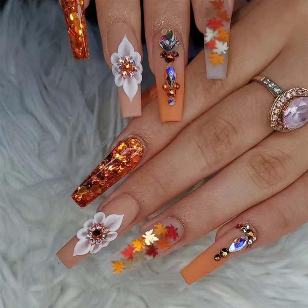 Fall Press on Nails Long Coffin Fake Nails Orange False Nails with Designs Glitter Maple Leaf Rhinestones Stick on Nails Glossy Full Cover Acrylic Glue on Nails for Thanksgiving Nails Decorations