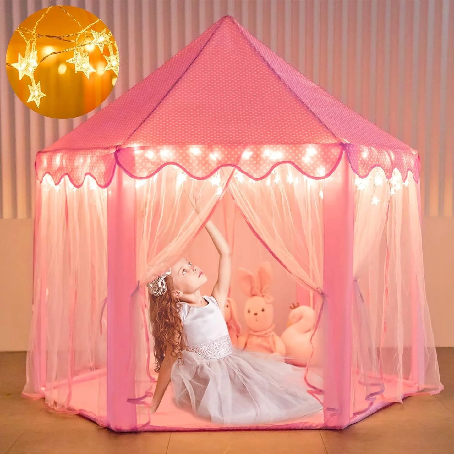 Princess Tent Girls Large Playhouse Kids Castle Play Tent with LED Star Lights for Children Indoor and Outdoor Games, 55'' X 53'' (Dxh)