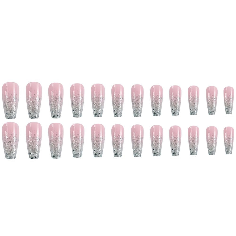 Ombre Pink Press on Nails Medium Coffin Fake Nails Nude False Nails with Design Bling Glitter Sequins Glue on Nails Full Cover Acrylic Stick on Nails Glossy Artificial Nails for Women Manicure 24Pcs