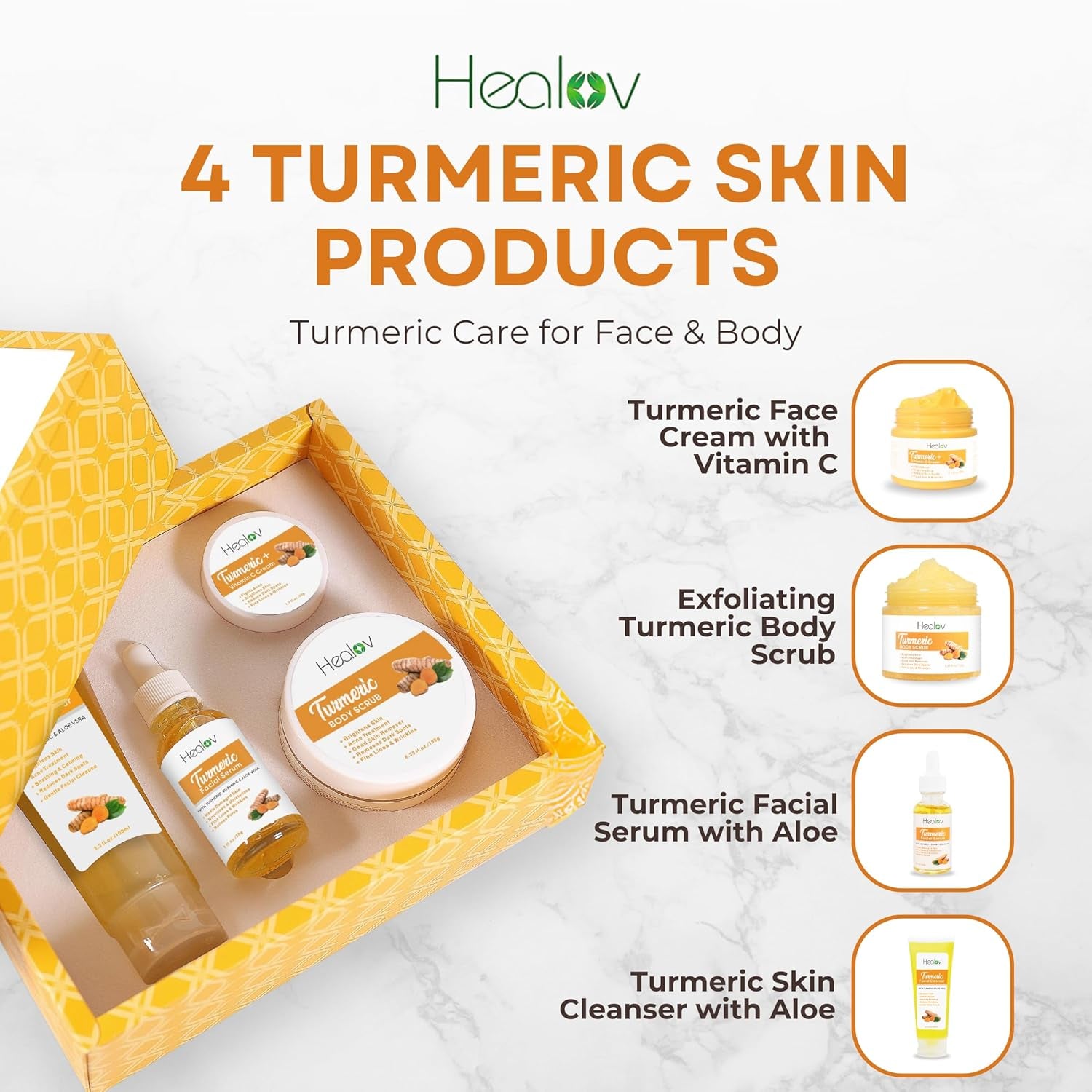 Turmeric Skincare Set - Turmeric Skin Care Products Brightening & Acne - Turmeric Skin Care Kit, Turmeric Skin Care Set - Turmeric Cleanser, Body Scrub, Face Cream & Facial Serum